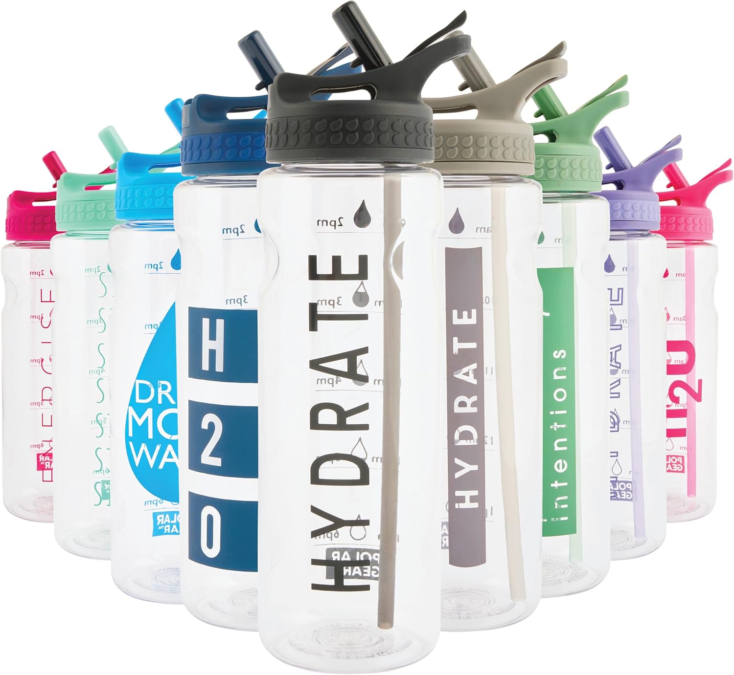 Polar Gear Motivational 750ml Water Bottle With Straw - BPA Free, Time Markings - Running, Sports, Cycling Bottle, Black