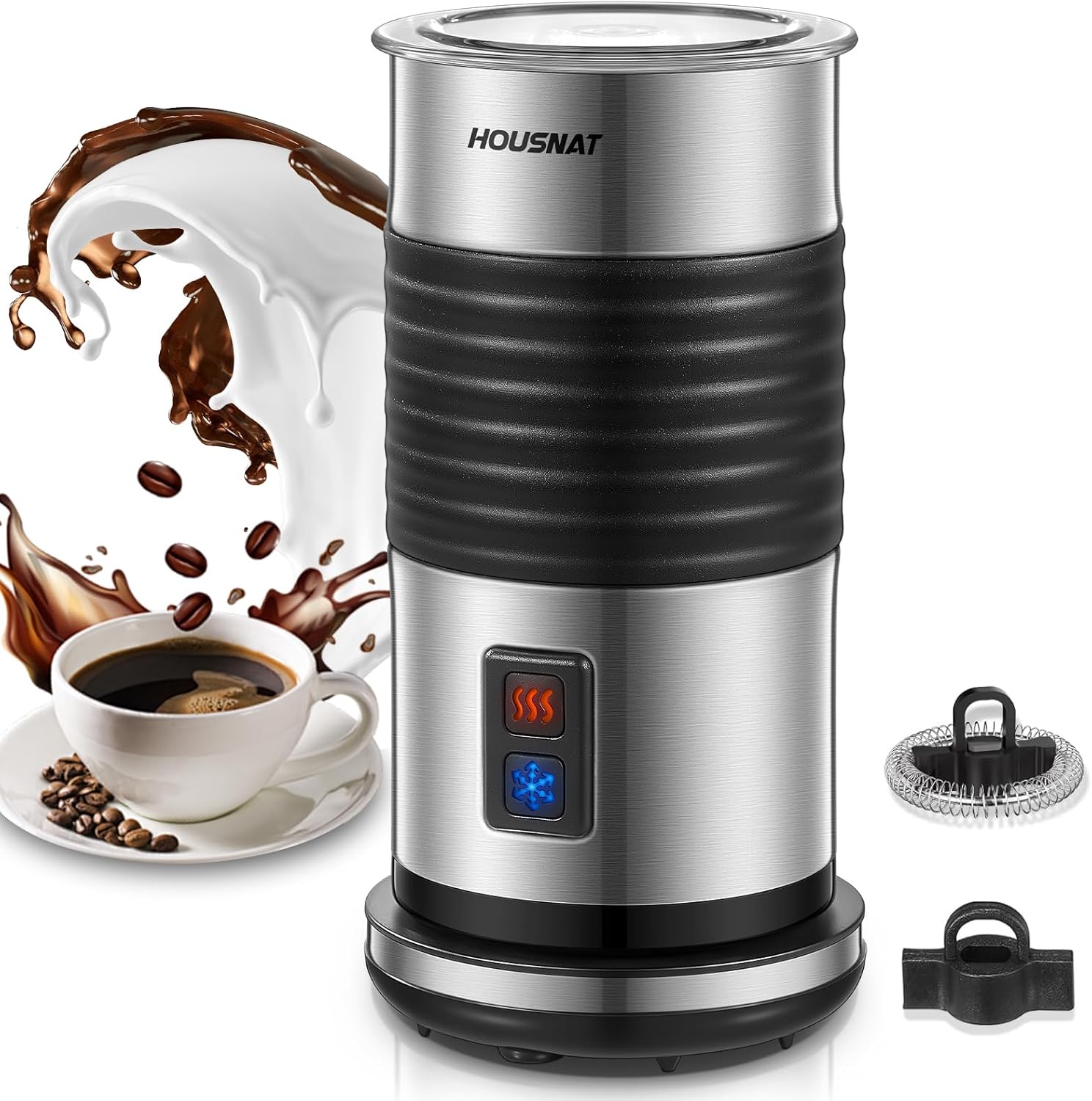 HOUSNAT Milk Frother Electric, 4 in 1 Automatic Milk Frother & Heater, 7oz(200ml) Hot/Cold for Chocolate, Latte, Coffee, Cappuccino, Strix Temperature Control, Non-Stick Coating, 400W