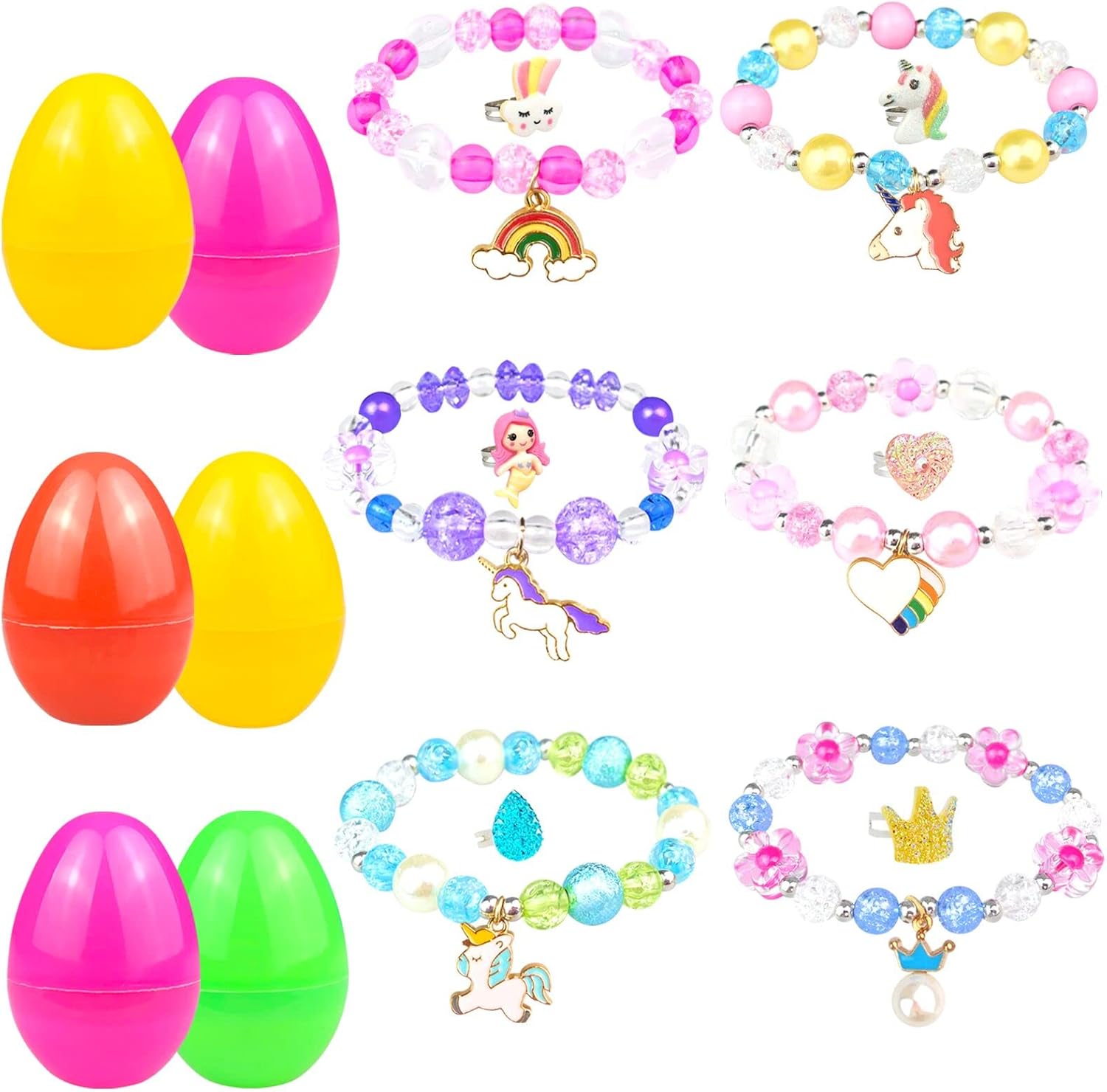 Easter Basket Stuffers for Girls Toddler Teens Prefilled Easter Eggs Fillers with 6 Pack of Beads Bracelet and Ring Inside Easter Gifts Filled Plastic Easter Eggs Stuffers Kids Easter Toys