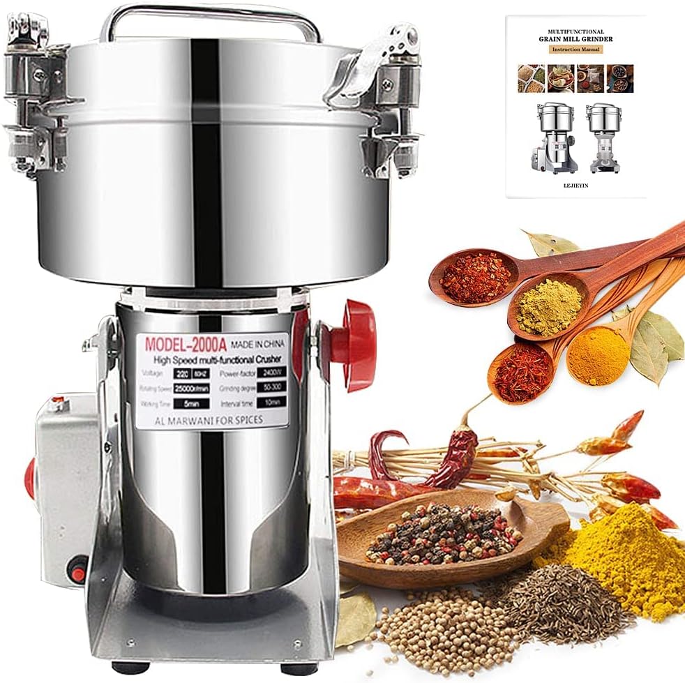 2000g Electric Grain Grinder Spice Grain Mill Stainless Steel 30s 28000RPM High Speedy Grinding with Overload Protection& 5min Timer Mill for Dry Spice Herbs/Nut/Coffee/Rice