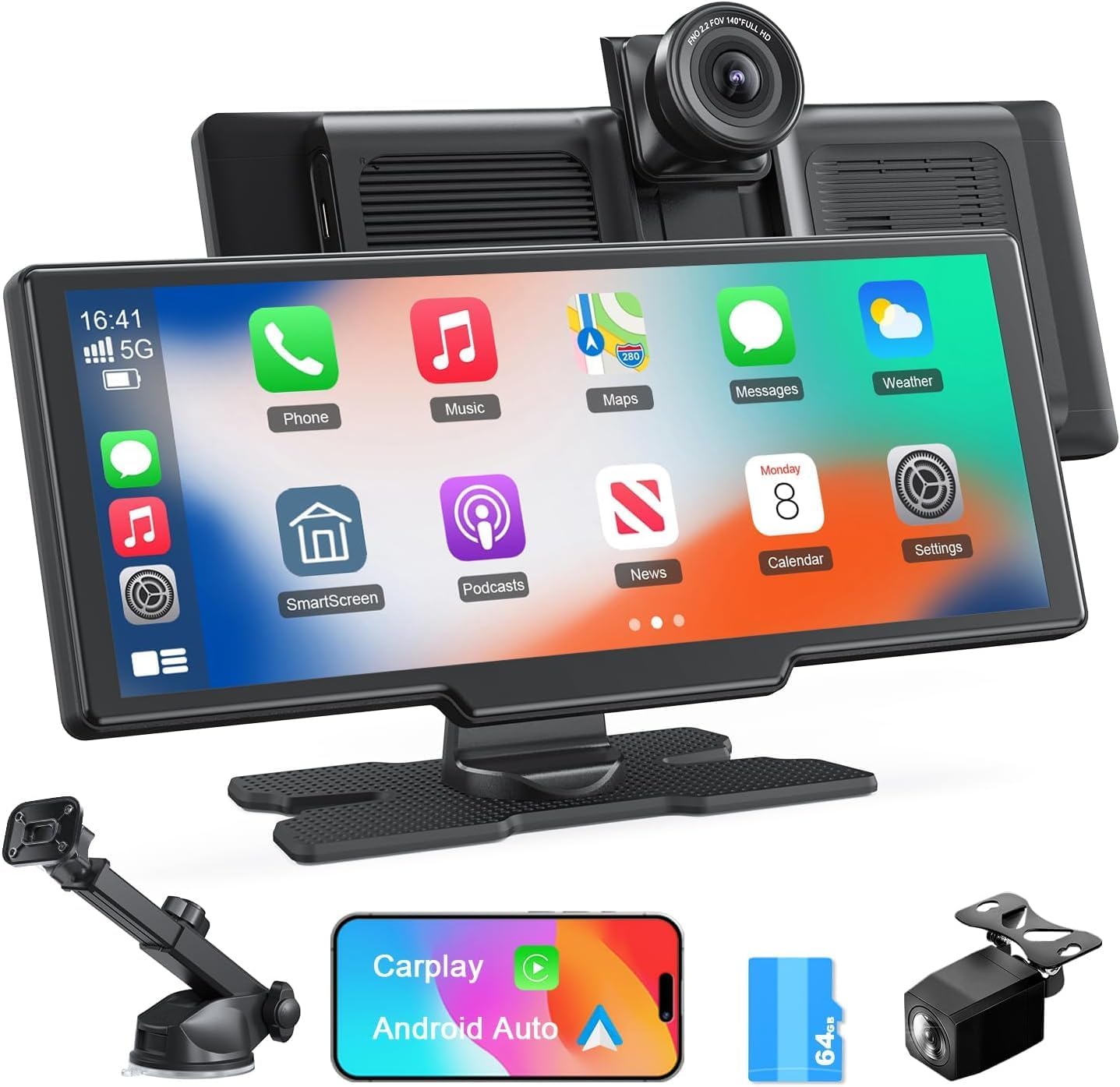Wireless Apple Carplay Screen, Android Auto, with 4K Dash Cam,1080P Rear Camera, 9.26'' Portable Car Stereo Touchscreen, Voice Control, GPS Navigation, Mirror Link, Bluetooth,AUX,FM