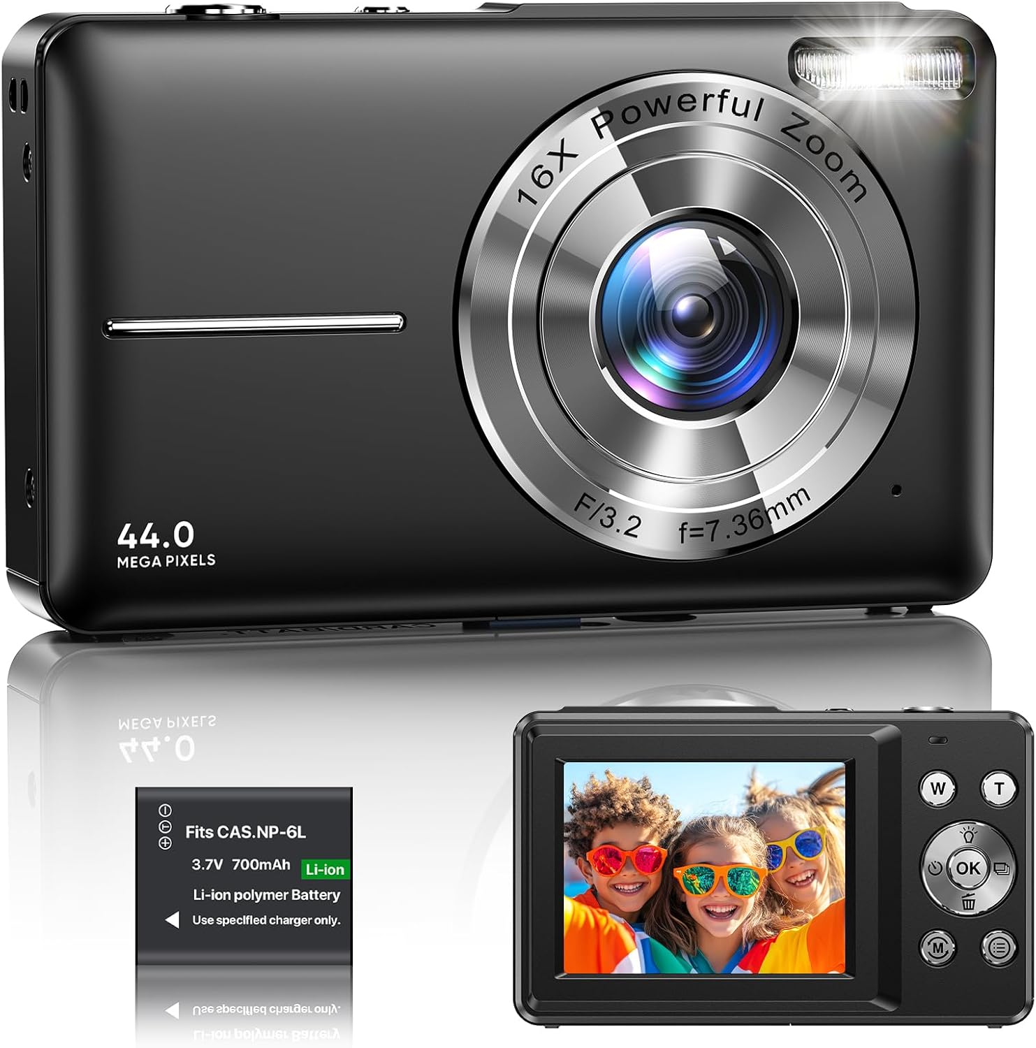Digital Camera 1080P FHD Compact Digital Camera 44MP Portable Mini Small Photo Camera with 2.4" LCD Screen, 16X Digital Zoom and 1 Battery Vlogging Camera for Kids, Girls, Boys-Black（No SD Card）