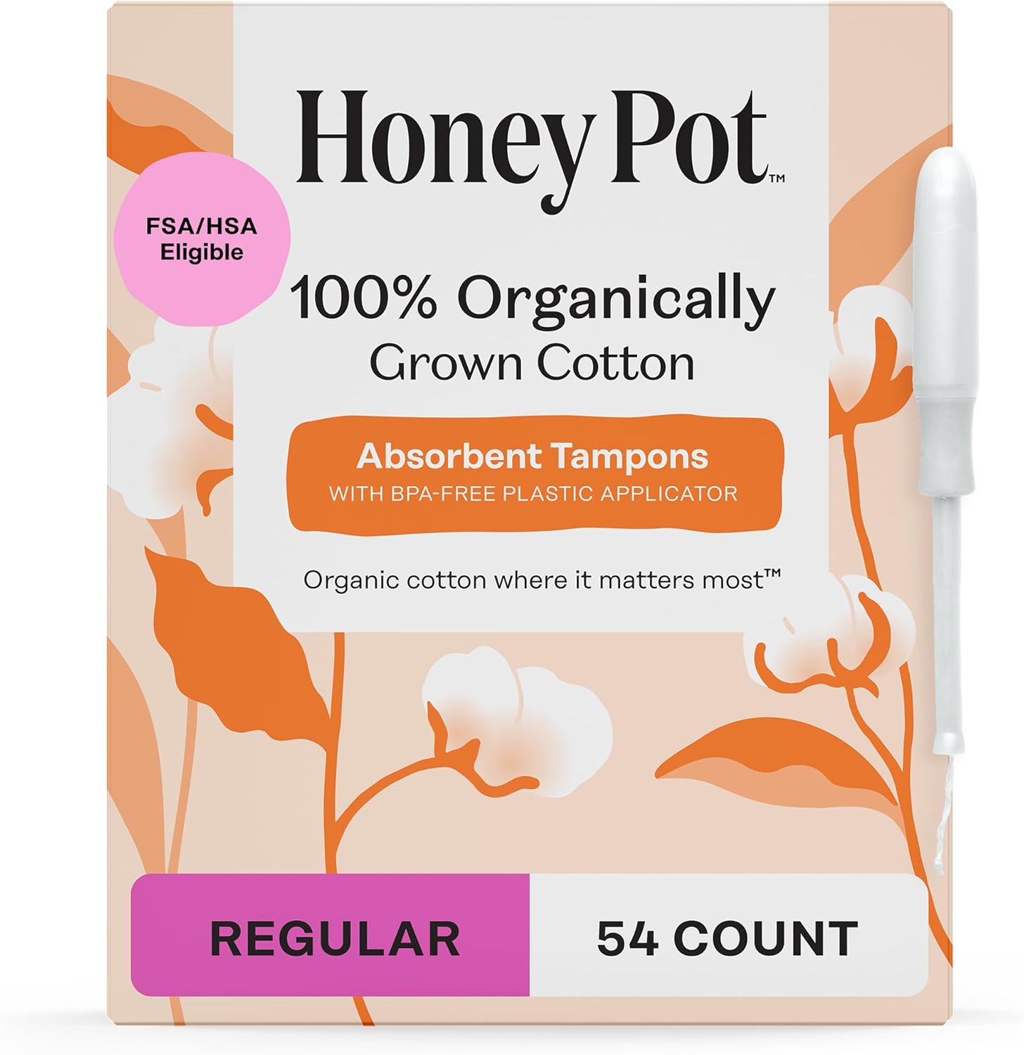 The Honey Pot Company - Regular Absorbency - 100% Organic Cotton Core Tampons w/Bio Plastic Applicator - Feminine Care – Unscented - 54 Count (3 Packs of 18)