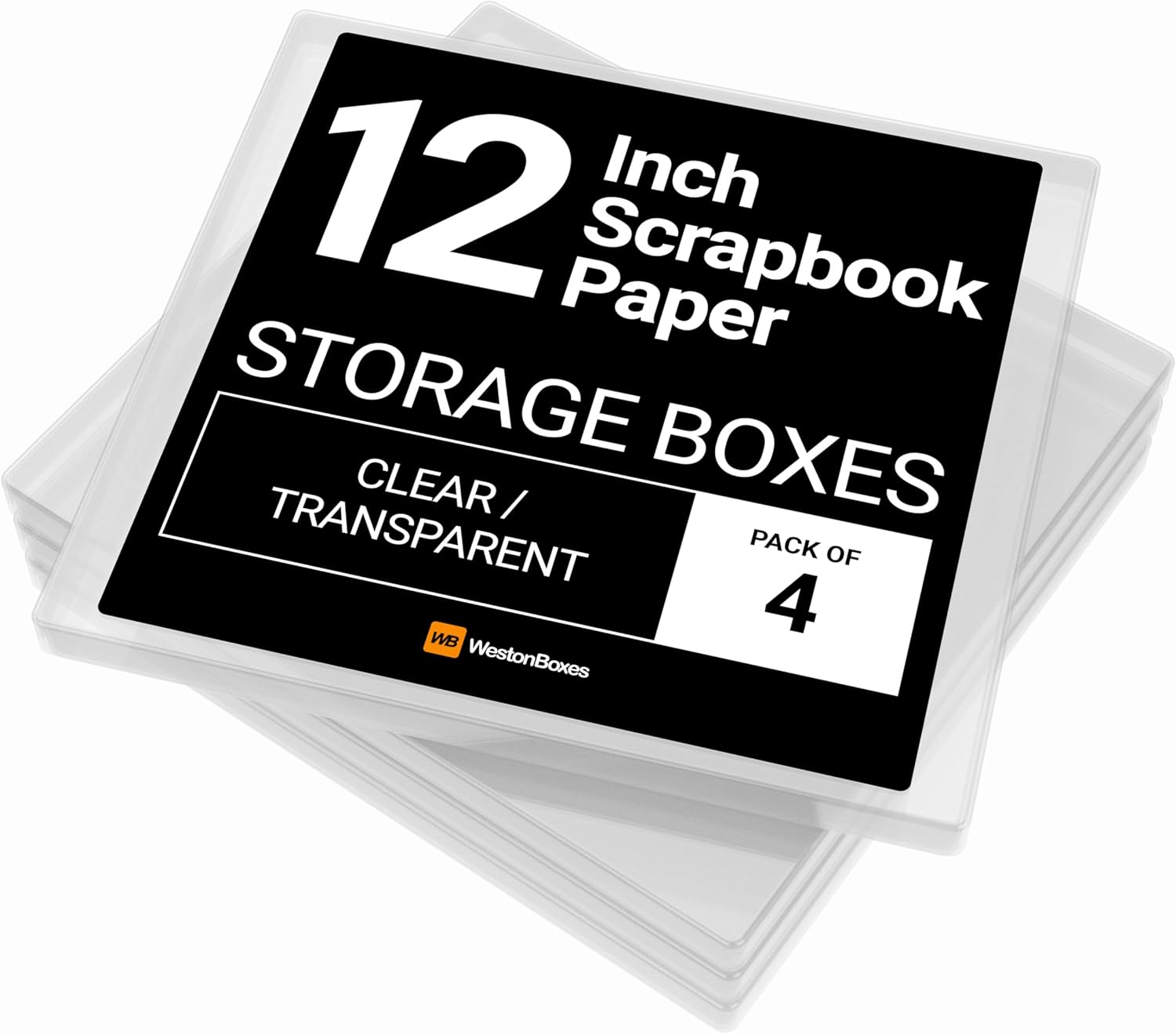 WestonBoxes 12x12 (12.5 x 13.5 Inch / 31 x 33.5cm) Plastic Storage Box for Scrapbooking and Paper Crafts - 2.6 Litre Volume (Pack of 4)