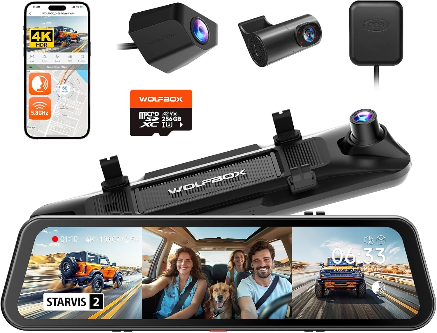 WOLFBOX G900 Tripro 3 Channel 4K Rear View Mirror Camera,8MP STARVIS IMX678