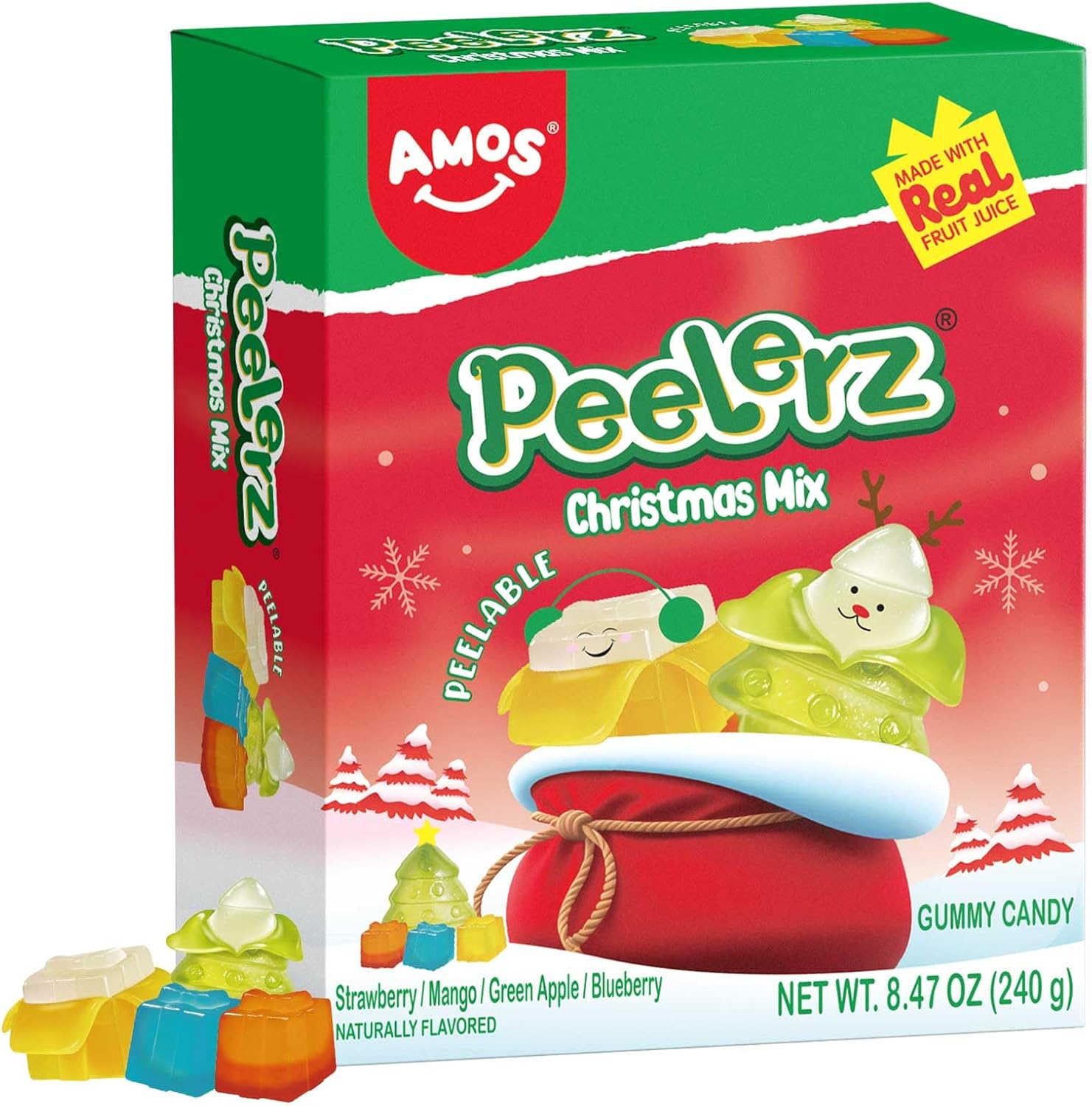 Amos Peelerz Christmas Gummy Sweets Peelable, 4D Christmas Mix Fruit Candy, Sweet (Apple & Strawberry & Blueberry & Mango) Flavors Snack Chews for Party Bags- Box 240g