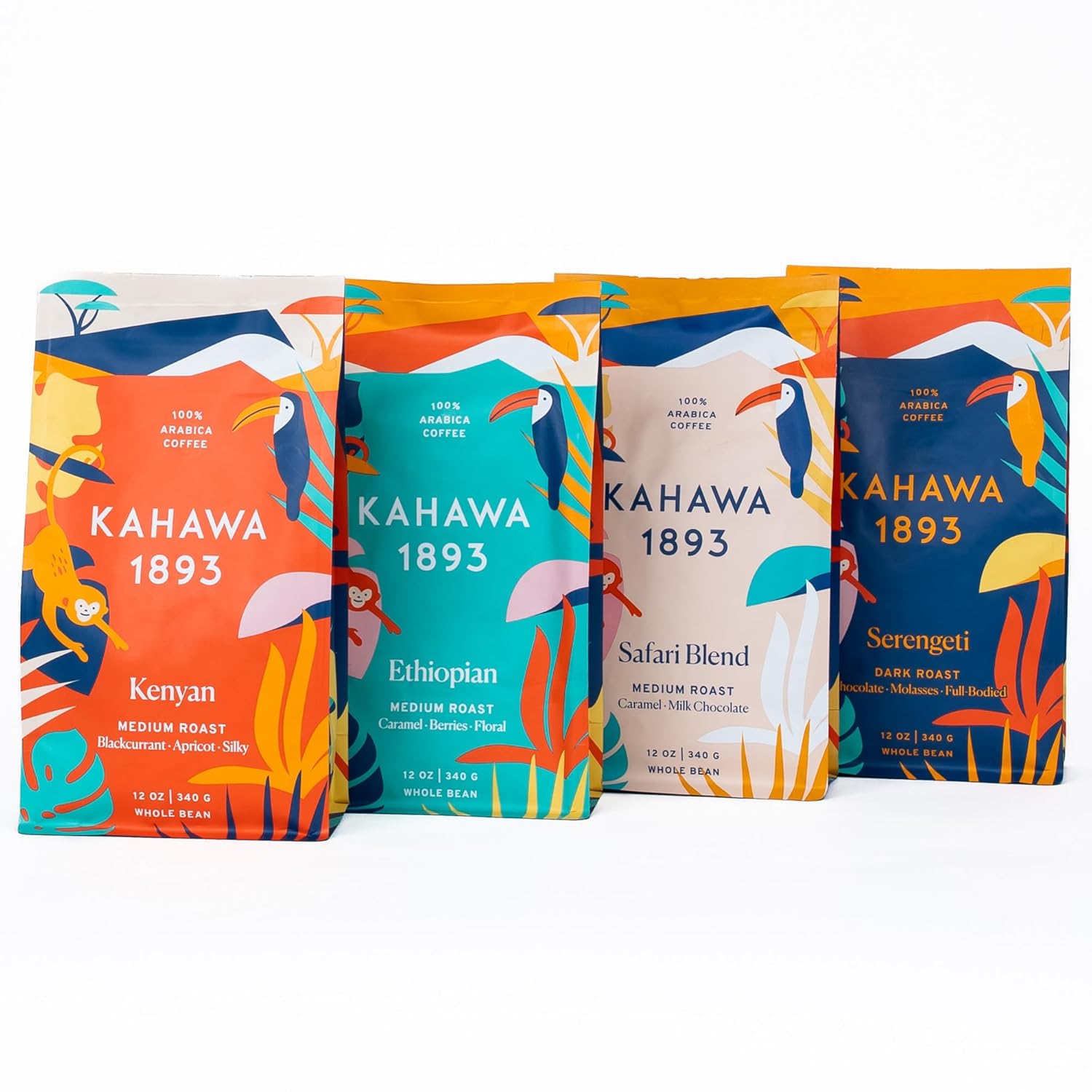Kahawa 1893 Whole Bean Coffee Combo Pack Kenyan, Ethiopian, Safari & Serengeti Blend (12 Oz) - As Seen on Shark Tank, Naturally Sweet, Organically Grown, Ethically & Sustainably Sourced