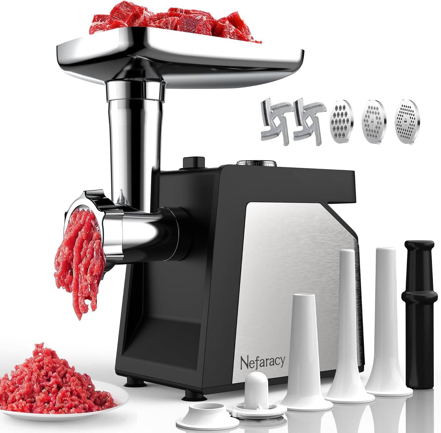 Nefaracy Meat Grinder Electric, 2600W Max Meat Mincer, Mincer Machine for Home Kitchen Use, Sausage Maker with 2 Blades, 3 Plates, Sausage Stuffer Tubes & Kubbe Kit, Stainless Steel