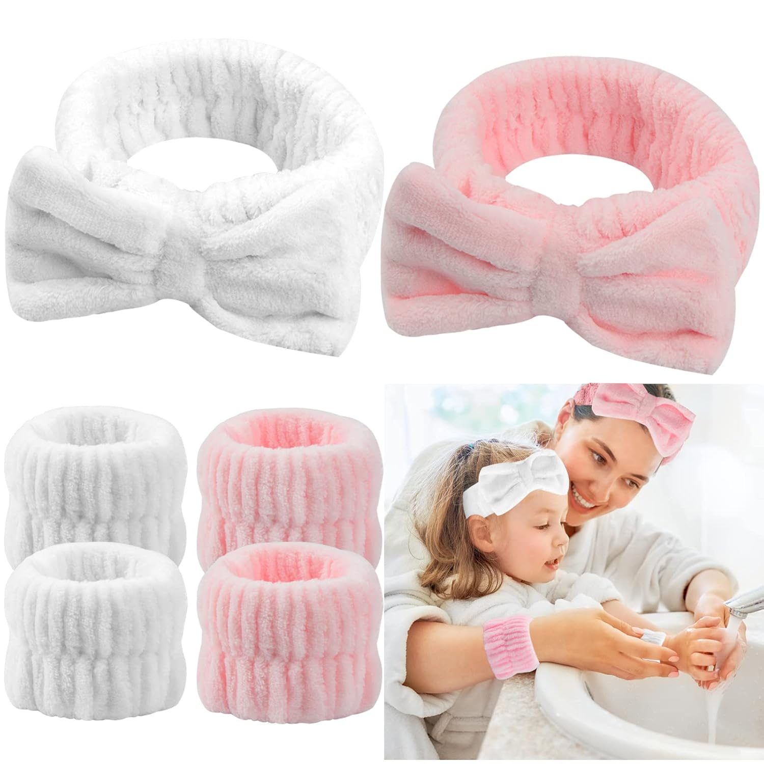 Wrist Towels for Washing Face, Spa Face Wash Headband and Wristband Set Microfiber Wrist Scrunchies Highly Absorbent Washband (6 PCS)