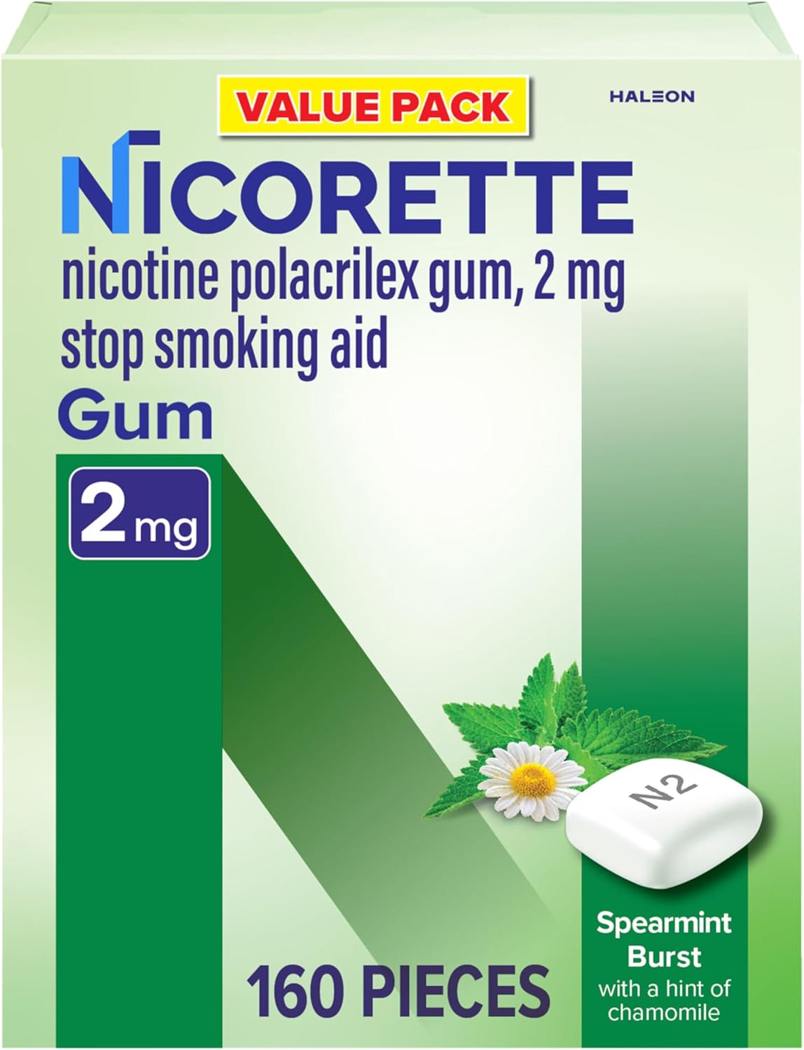 Nicorette Coated 2mg Nicotine Gum to Quit Smoking - Spearmint Burst Flavored Stop Smoking Aid - 160 Count