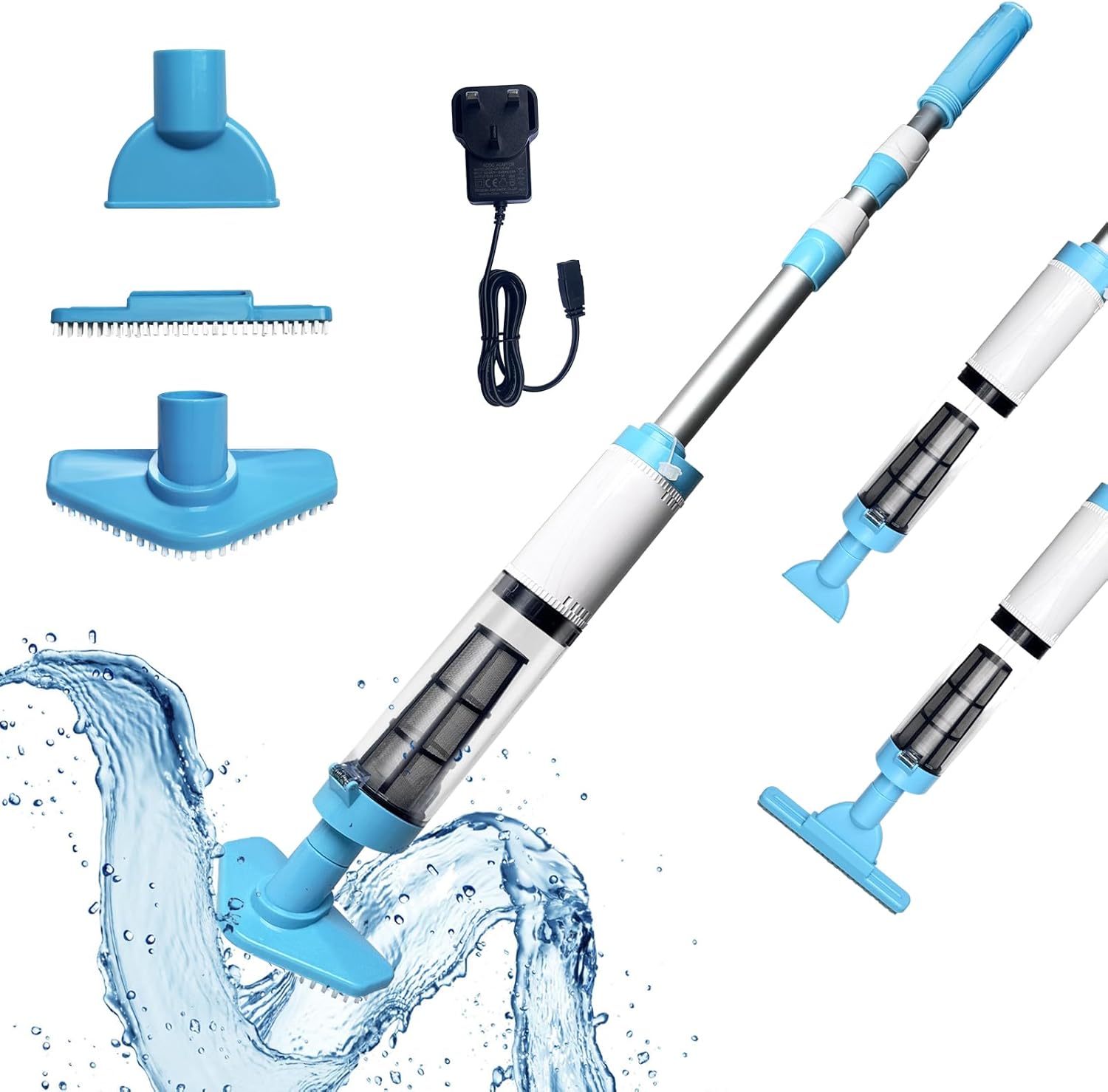 PoolyPoly Pool Vacuum Cleaner Rechargeable, 3 in 1 Electric Pool Hoover with Adjustable Handle, Cordless Handheld Vacuum for Spas, Hot Tubs, Small Pools - Running time up to 90 Minutes, Blue