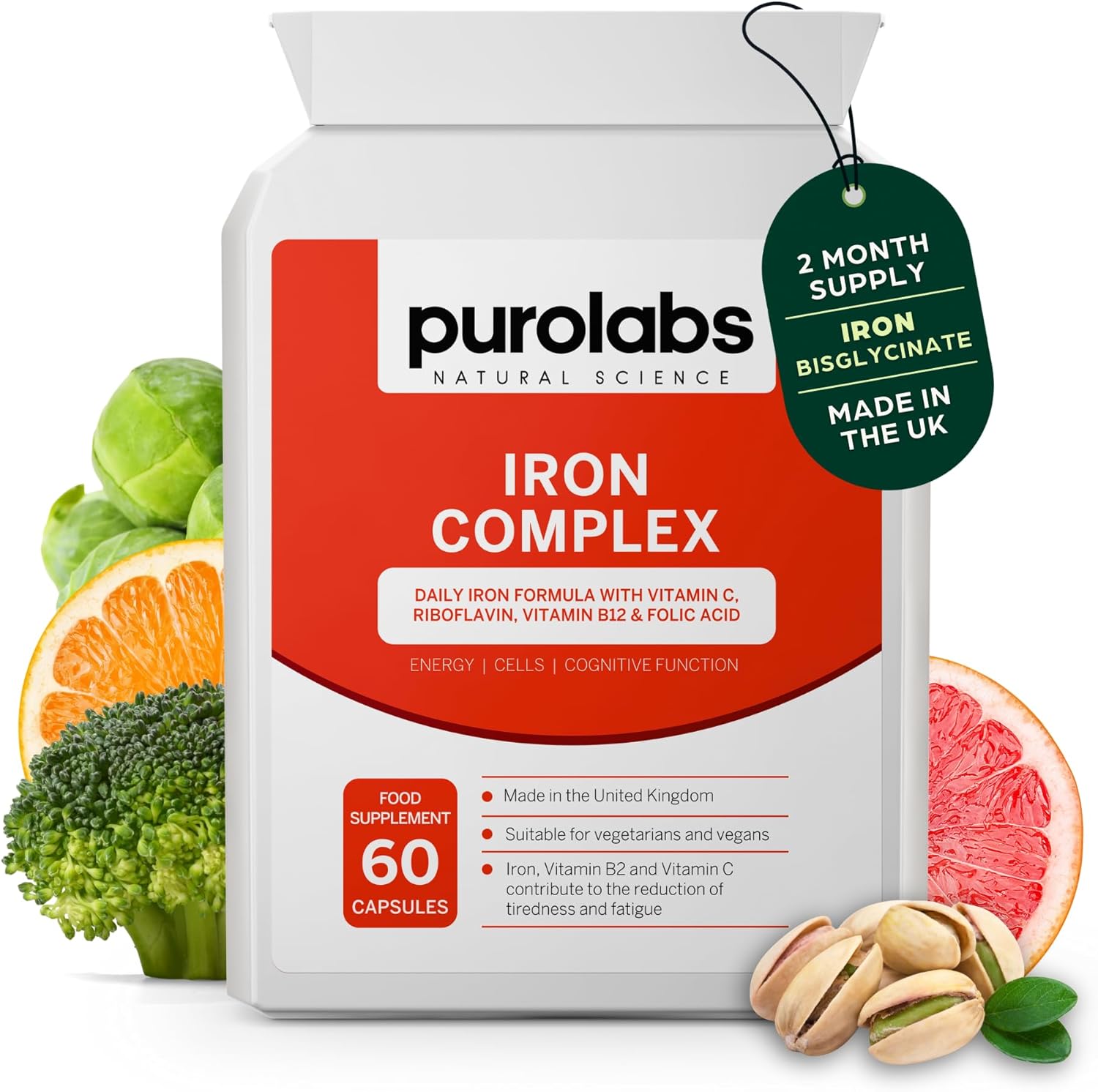 Premium Iron Complex - High Strength Iron (18mg) with Vitamin C, B12, B9 Folate & Zinc - Gentle Formula for Superior Absorption - Energy & Blood Formation Support - 60 Capsules