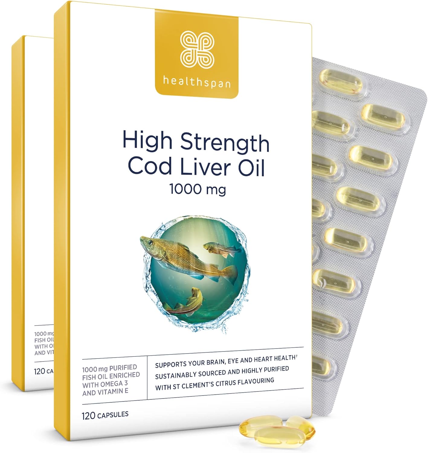 Healthspan Cod Liver Oil 1,000mg | Rich in Omega 3 Fatty Acids DHA & EPA | Brain, Eyes & Heart Health | Vitamin A & D3 | Vision, Bones, Teeth & Immune | Sustainably Sourced (240 Capsules)