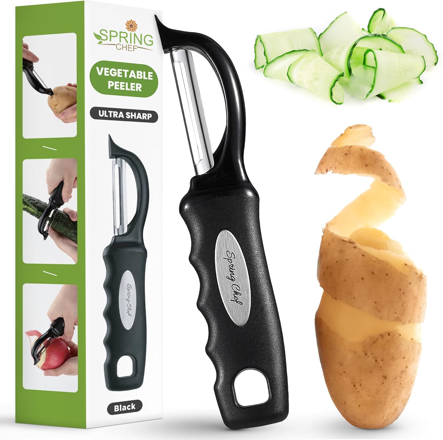 Spring Chef Premium Swivel Vegetable Peeler, Soft Grip Handle and Ultra Sharp Stainless Steel Blades - Perfect Kitchen Peeler For Veggie, Fruit, Potato, Carrot, Apple - Black