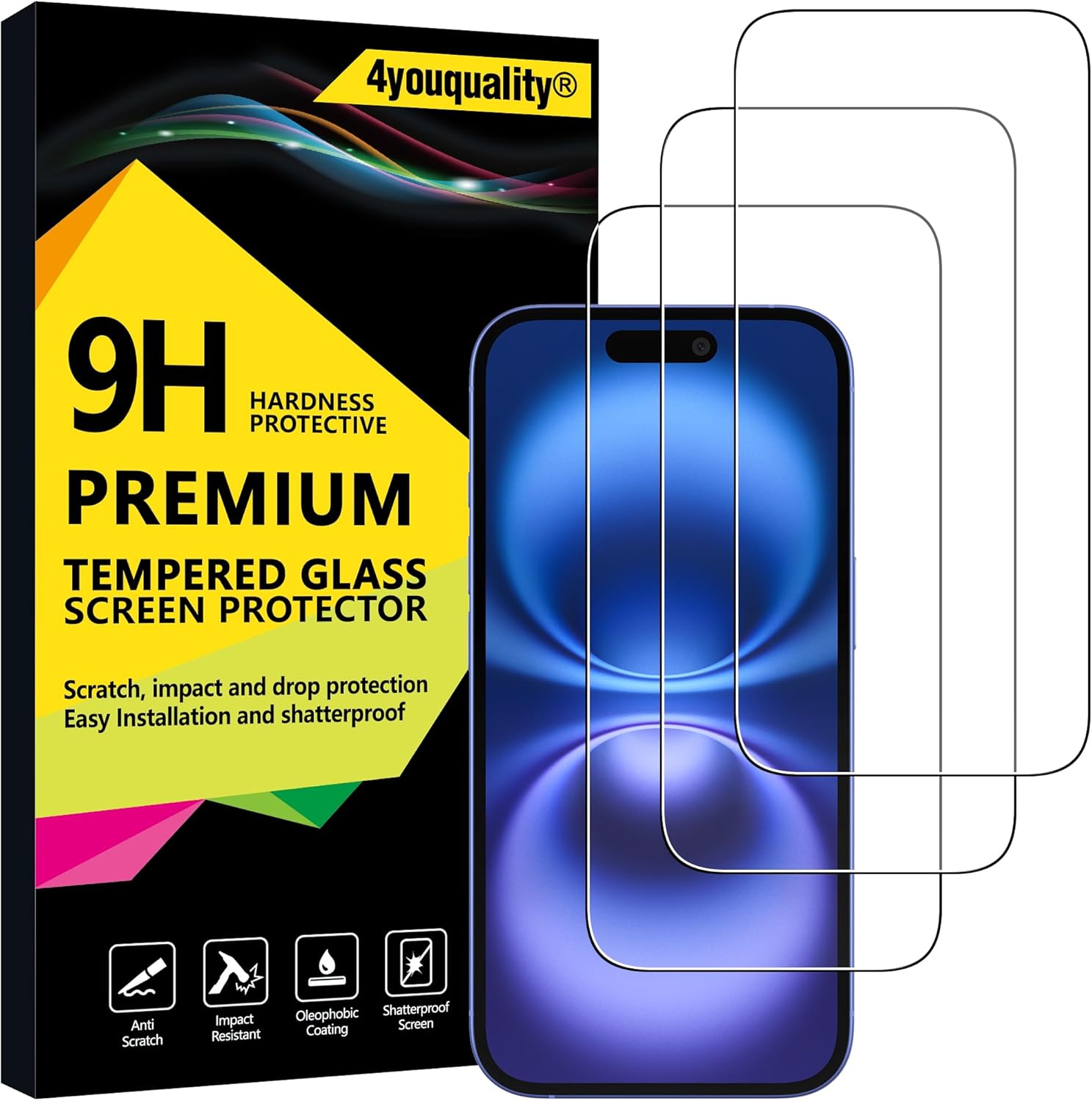 4youquality [3-Pack Screen Protector for iPhone 16 (6.1-Inch), Tempered Glass Film, [LifetimeSupport][Impact-Protection][Anti-Shatter][Anti-Scratch]
