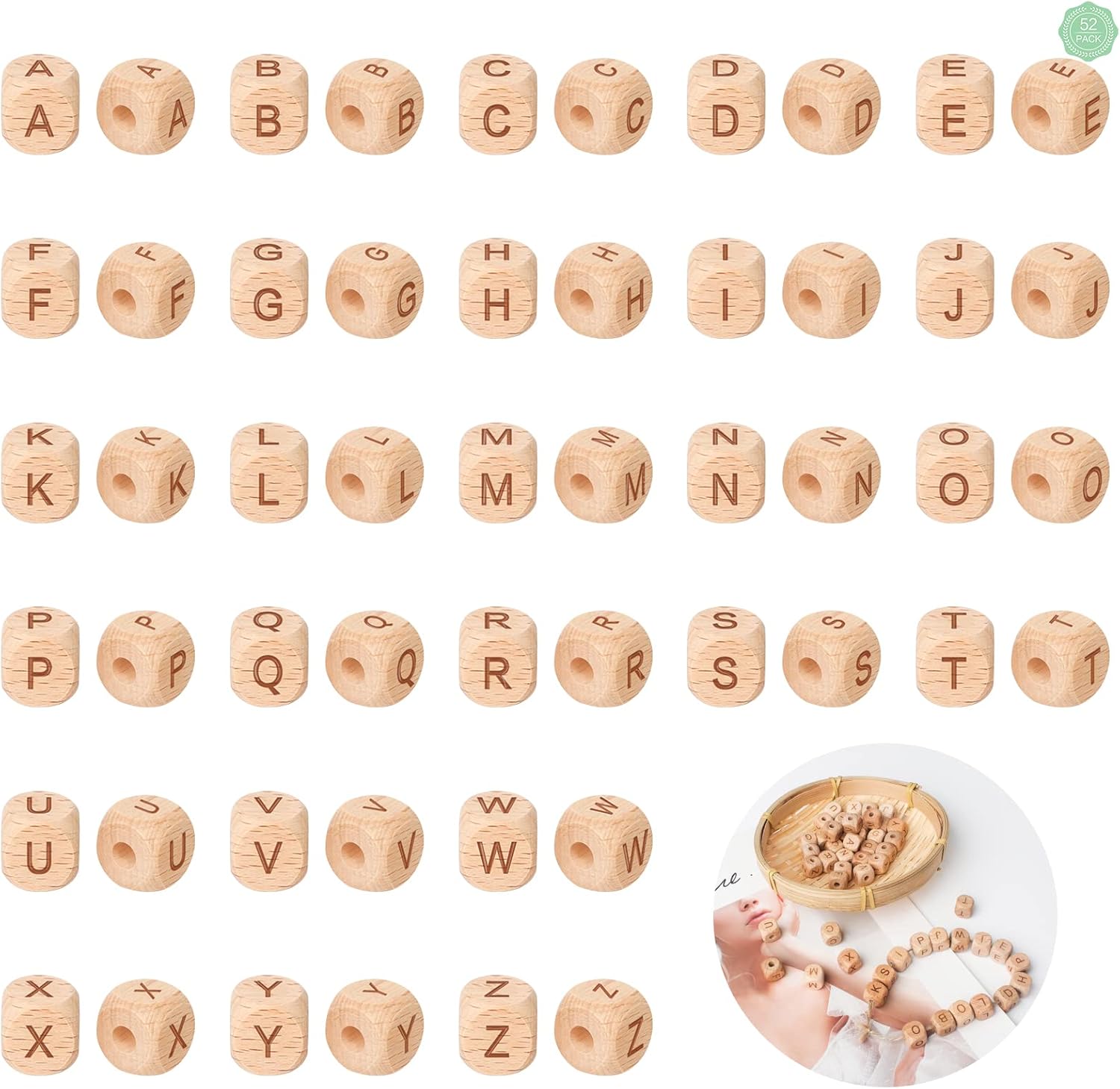 Wooden Letter Beads 52Pcs Alphabet Wooden Beads 12mm Square with Large Hole, Natural Color, for Jewelry Making and DIY Crafts