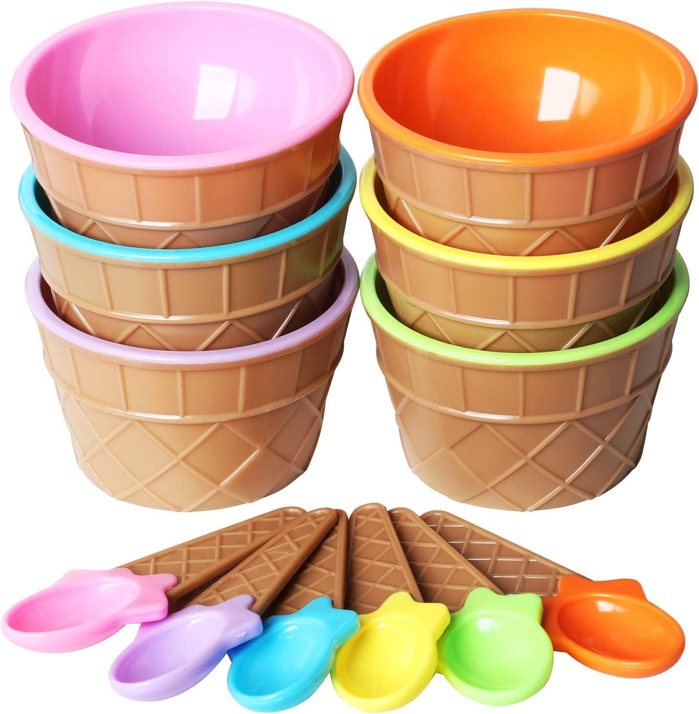 Ice Cream Cups with Spoons Cartoon Candy Colorice cream bowls Dessert Sundae Frozen Yogurt Bowls Icecream Cup Party Favors Dishes ice crem kits supplies for kids Set (6)