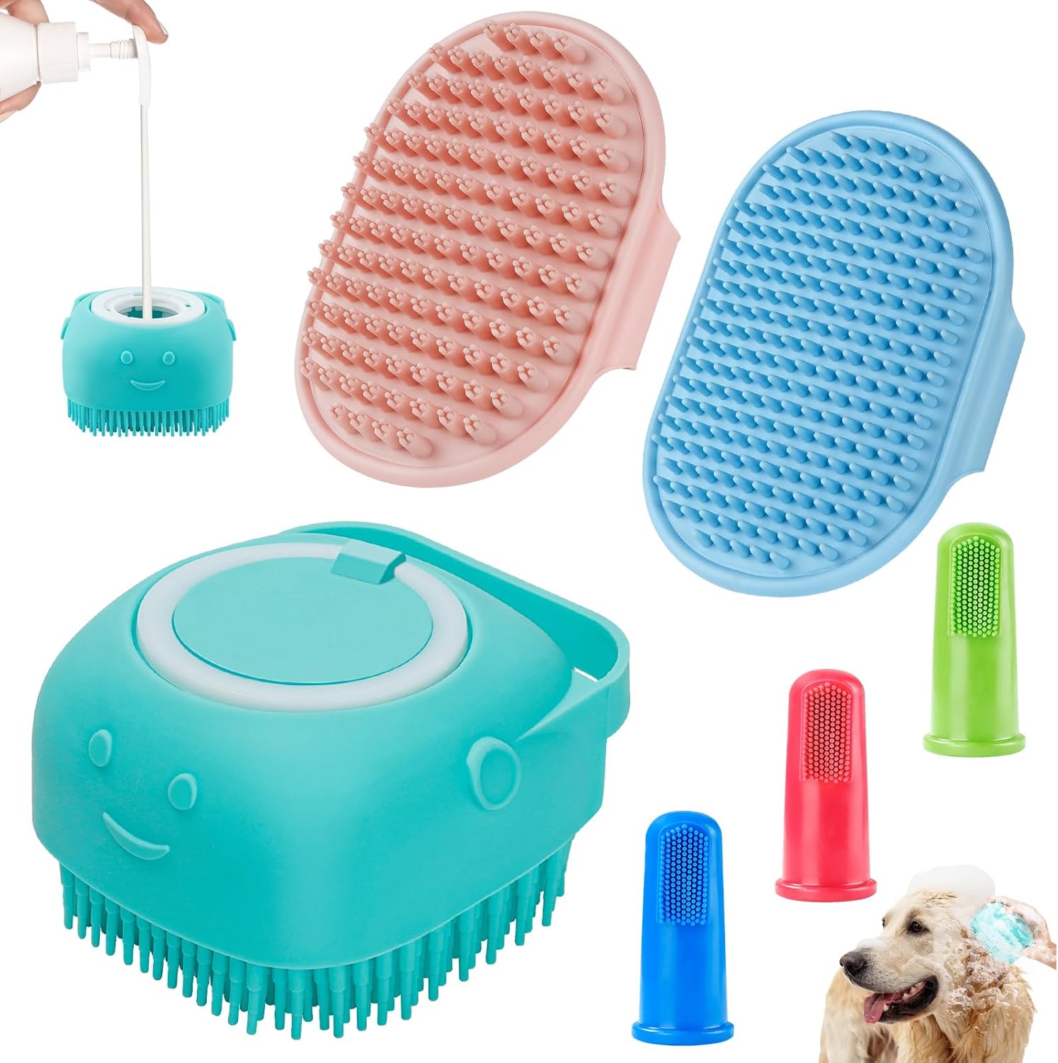Comotech 3-in-1 Dog Grooming Brush | Adjustable Handle Shampoo Brush & Scrubber for Short & Long Haired Dogs & Cats (Blue Pink Blue)