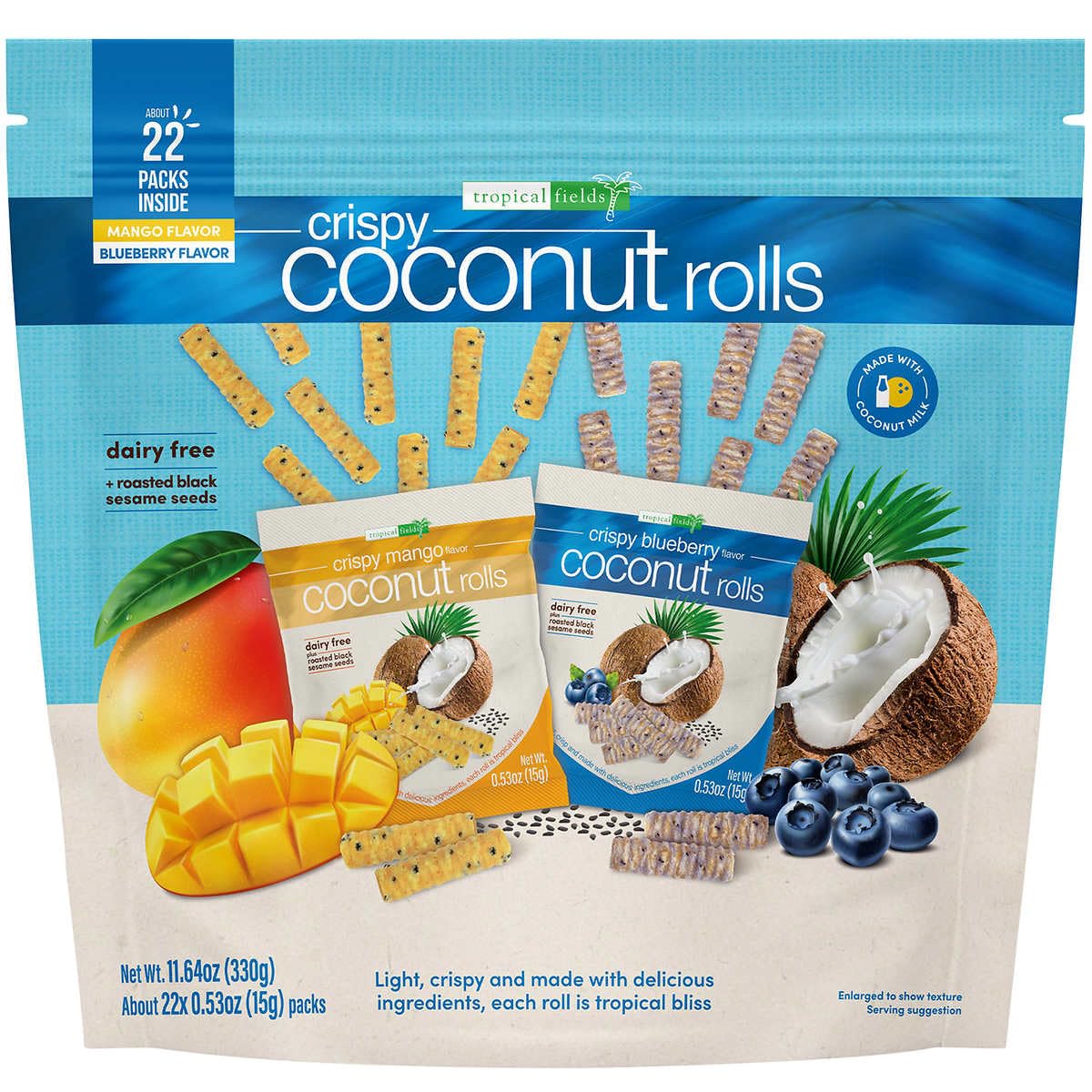 Tropical Fields Crispy Coconut Rolls (11oz) - Crispy Mango and Crispy Blueberry Flavor - Organic, Gluten Free, Dairy Free