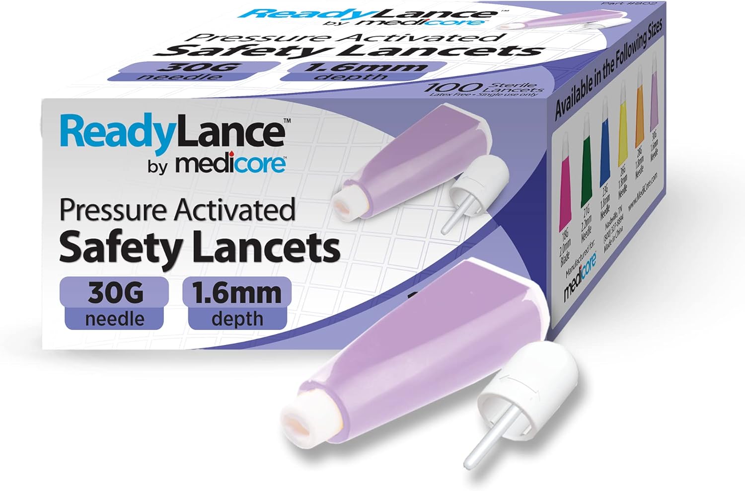 Pressure Activated Safety Lancets, 100 Lancets, 30Gx1.6MM, Purple