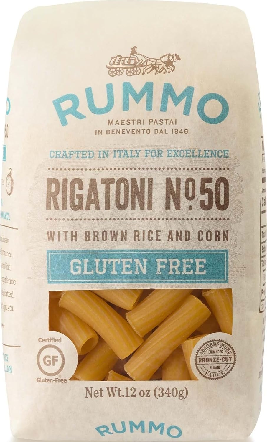 Rummo Gluten Free Rigatoni N.50 - Gluten Free Pasta, Made with Corn & Rice, Rigatoni Pasta Noodles, Pasta from Italy - 12 Ounce (Pack of 4)