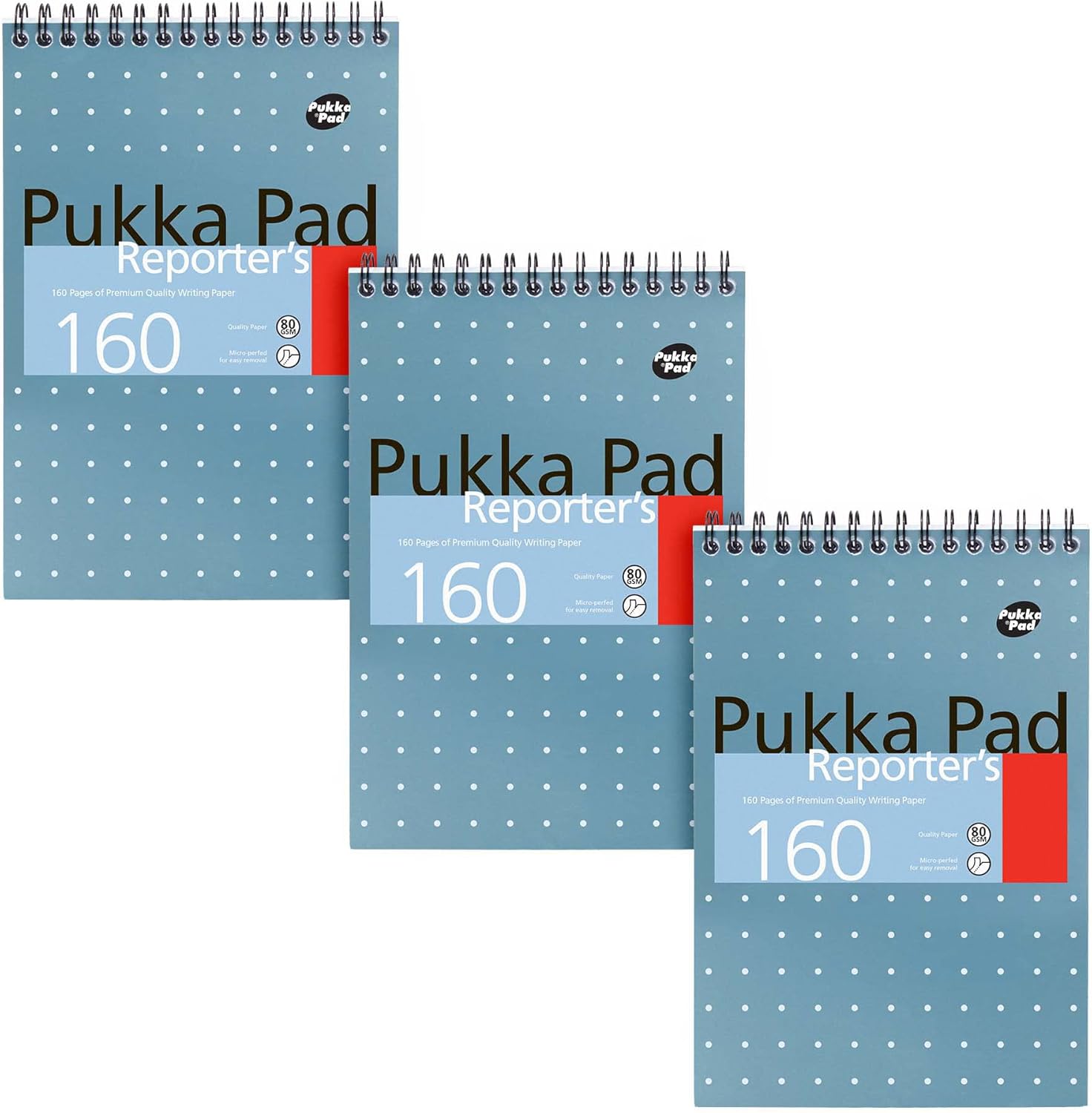 Pukka Pad, Reporter’s Pad 3 Pack for Home, School, and Office – 14 x 20.5cm – Wirebound, Head-Bound Notebook with 160 Pages of 80GSM Paper – Microperforated for Easy Removal – Blue
