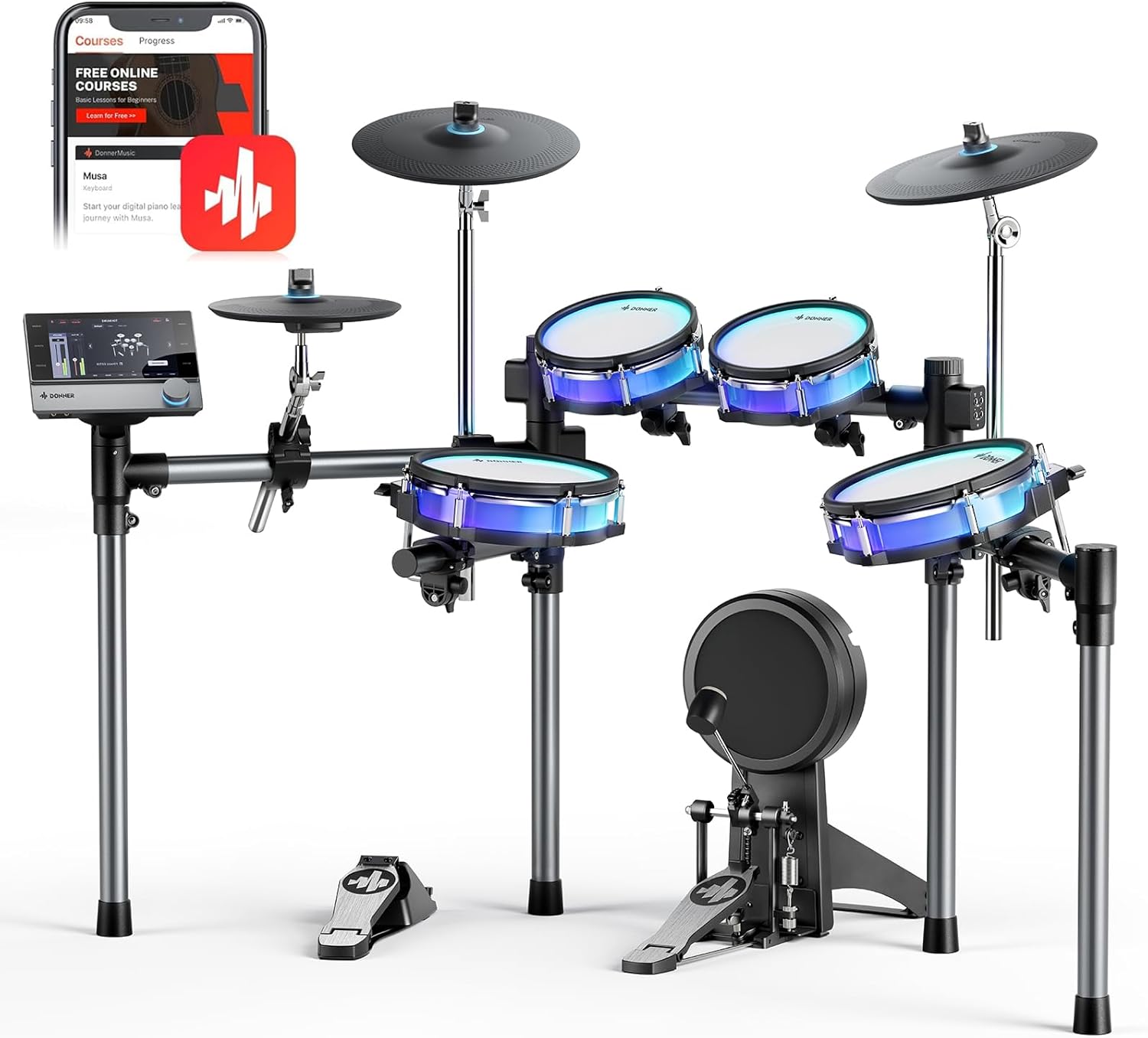 Donner BackBeat Electric Drum Set with High-Tech 7-inch Touchscreen, 1126 Sounds, Customize Drum Pad Colors, Internal Rack Wiring, and Gaming APP for Ultimate Fun