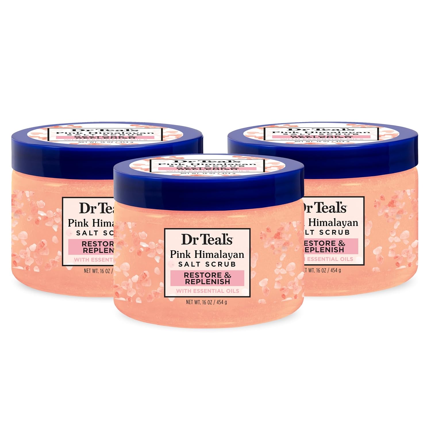 Dr Teal's Pink Himalayan Salt Body Scrub, Restore & Replenish with Pure Epsom Salt & Essential Oils, 16 oz (Pack of 3) (Packaging May Vary)
