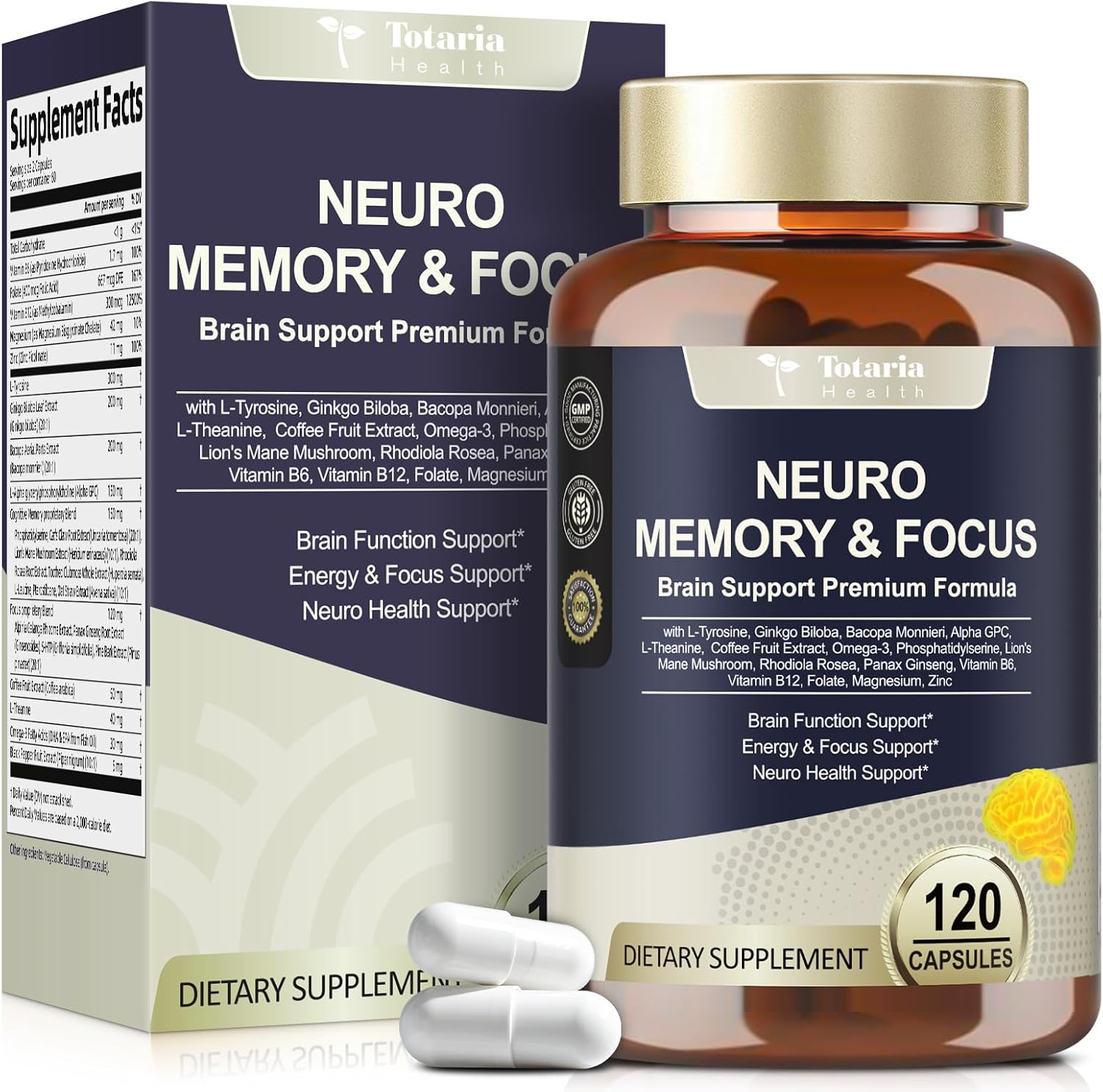25 in 1 Brain Supplements for Memory and Focus & Neuro Health - Daily Brain Nootropic Cognitive Supplement with L-Tyrosine, Bacopa Monnieri, Ginkgo Biloba, Alpha GPC - Non-GMO, Gluten Free, Vegan