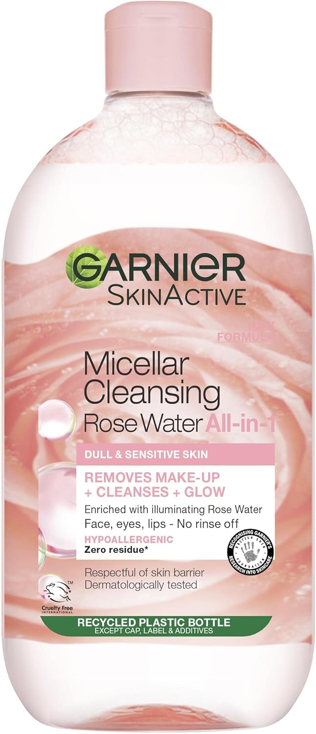 Garnier Micellar Rose Cleansing Water, Gentle face Cleanser & Makeup Remover, Hypoallergenic. Vegan Formula, Suitable For Dull And Sensitive Skin, Glow Boosting Formula, Dermatologically Tested, 700ml