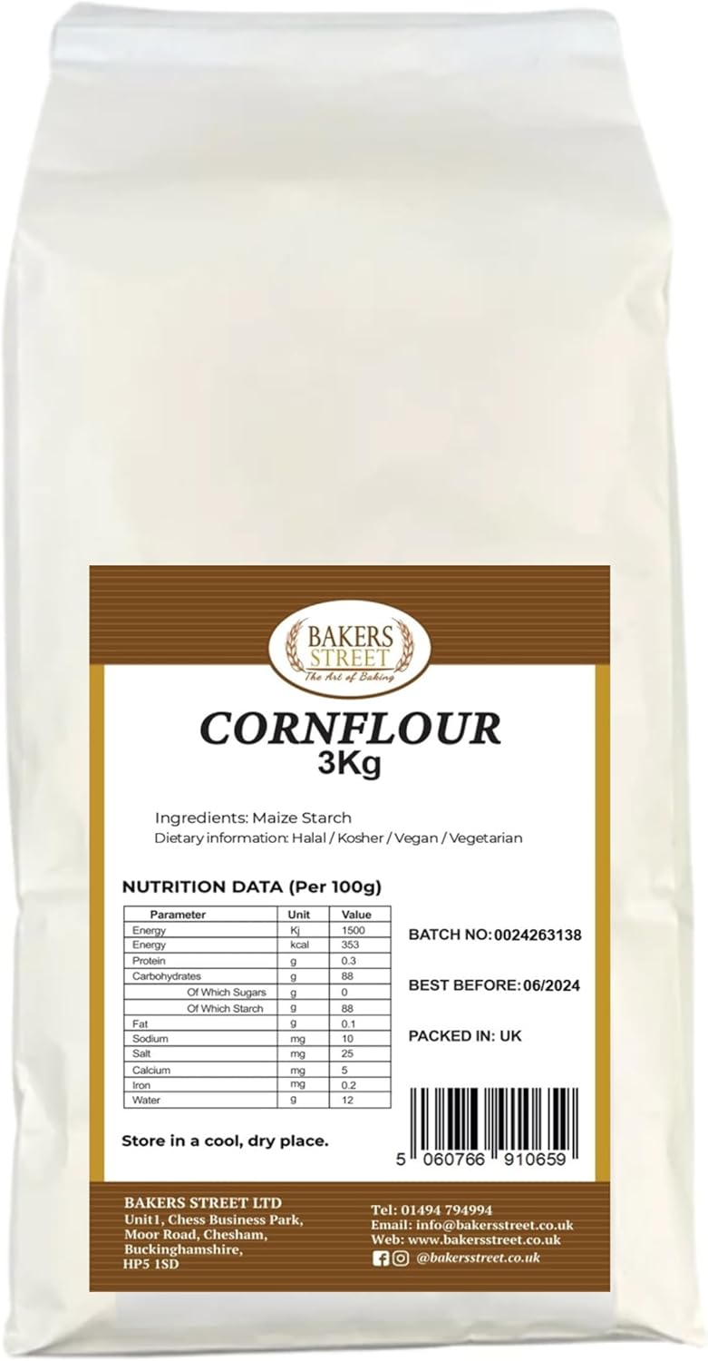 Cornflour 3Kg by Bakers Street Pure - Corn Starch Powder for Cooking, Baking, Frying | Gluten-Free Thickener for Soups, Sauces, Gravies, Puddings, Crispy Coating, Desserts