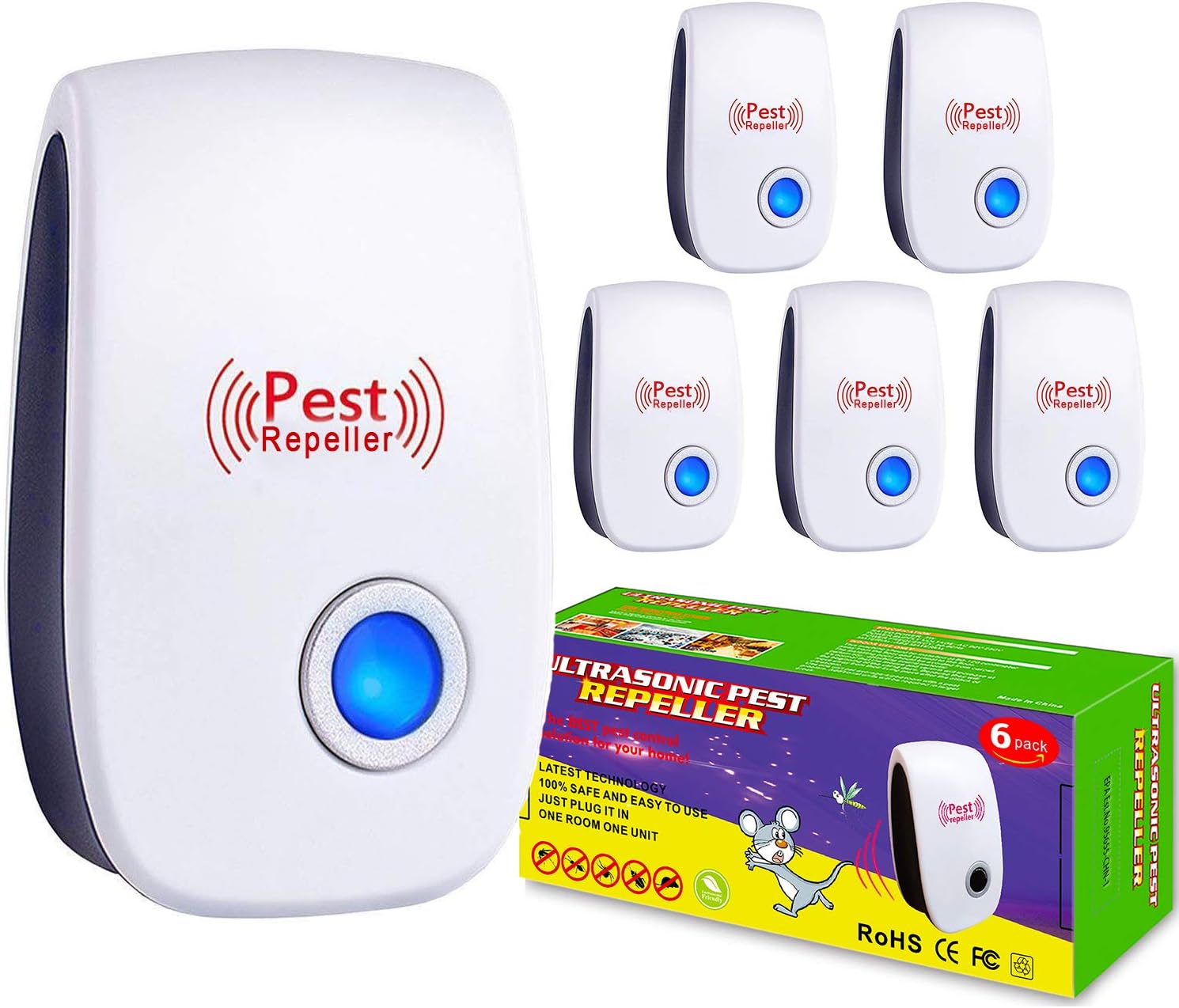 Ultrasonic Insect & Pest Repeller, Ultrasonic Mice Repellent for Insect, Roaches, Spiders, Bugs, Mosquitoes, Pest Control for House Garage RV Hotel, 6 Pack