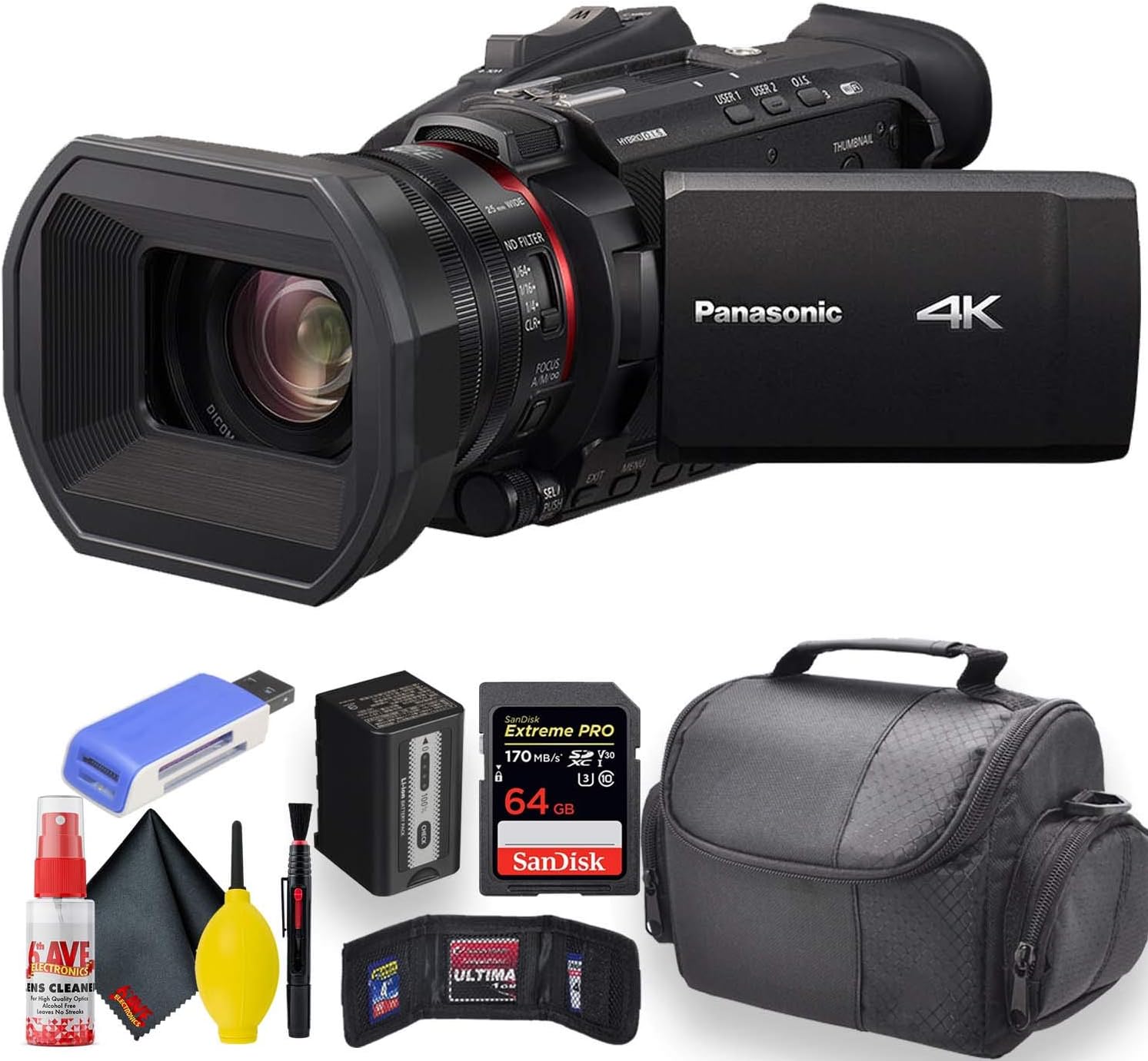 Panasonic HC-X1500 4K Professional Camcorder with 24x Optical Zoom, WiFi HD Live Streaming W/Soft Case + Sandisk Extreme Pro 64GB Card + Clean and Care Set + More - Starter Bundle