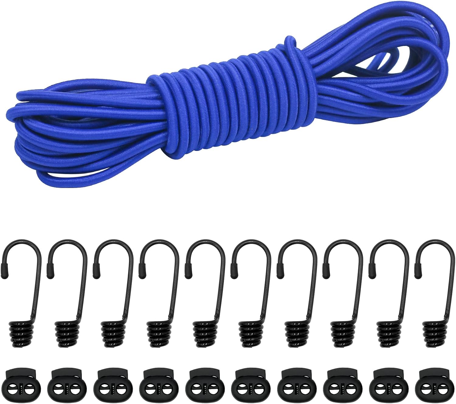 10M Elastic Cord, 1/4" Thick Shock Cord Heavy Duty 32Ft Elasticated Shock Cord Black Bungee Cords with Hooks for Caravan Camping Cargo Craft Rack (6mm x 10M, Blue)