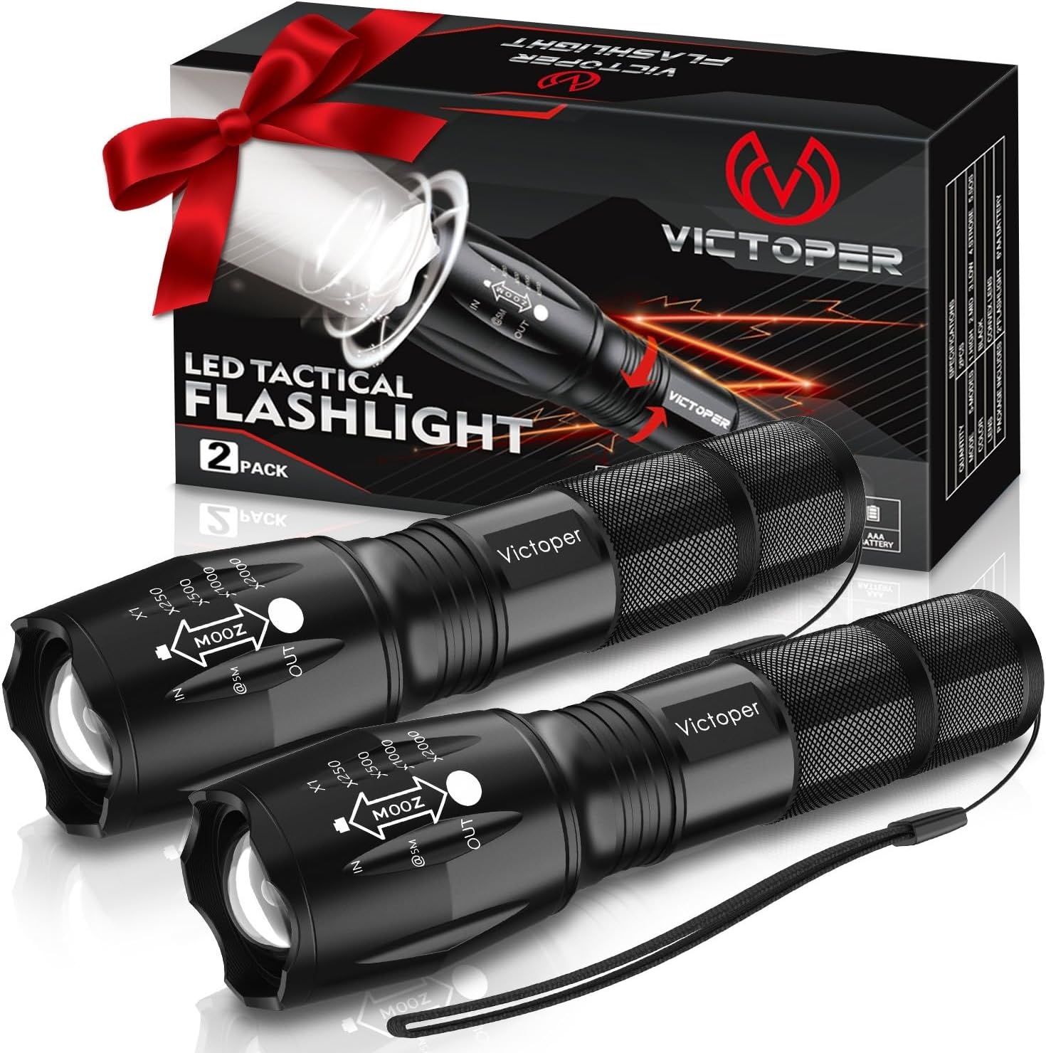 Victoper LED Flashlight 2 Pack, Bright Tactical Torch High Lumens with 5 Modes, Waterproof Zoomable Flash Light for Outdoor, Gifts for Camping Essentials Gear