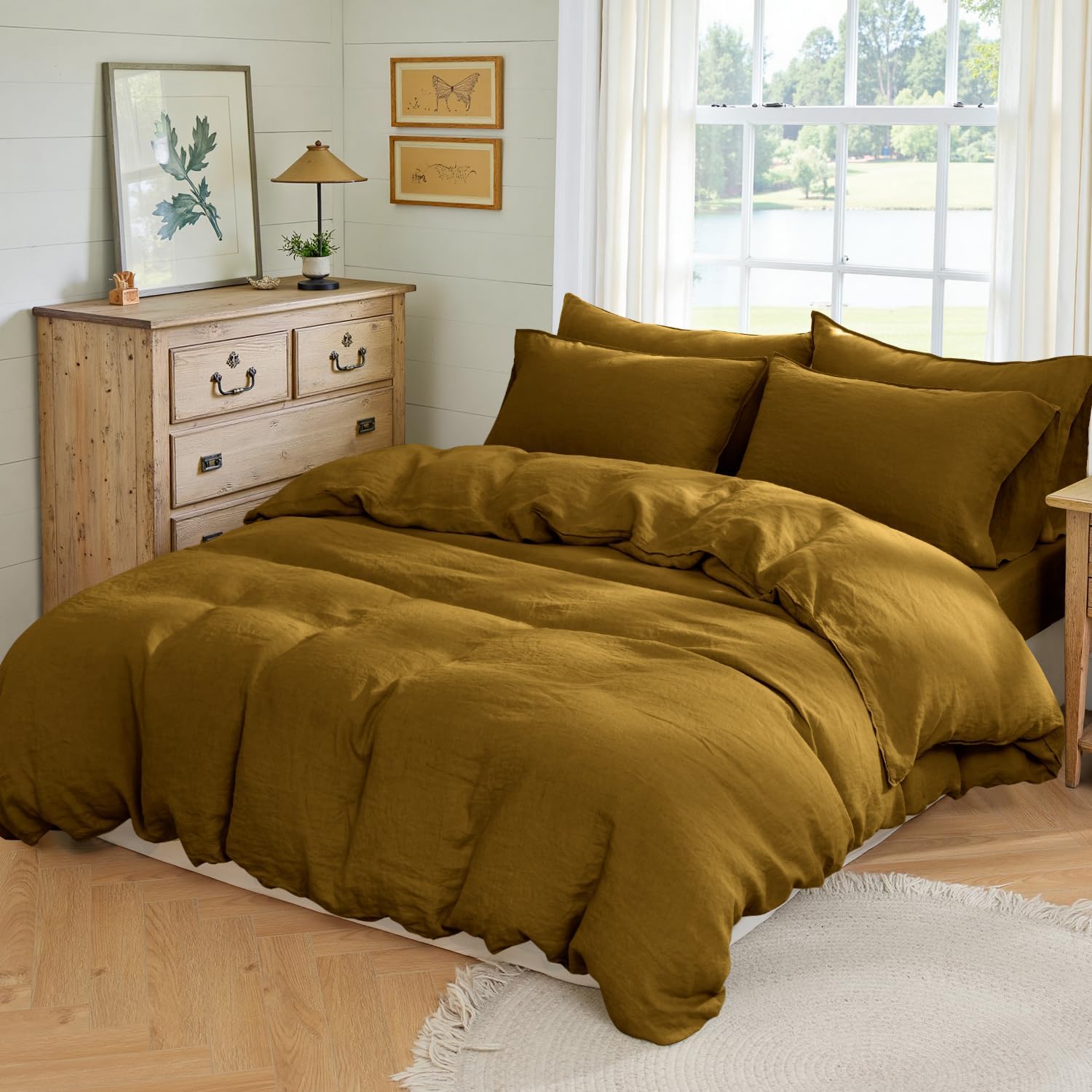 S VICTORY SYMBOL 100% Pure Linen Duvet Cover Set Queen Size 3pcs,Natural French Washed Flax Solid Color Soft Breathable (1 Duvet Cover and 2 Pillowcases) with Button Closure,Ecru Olive