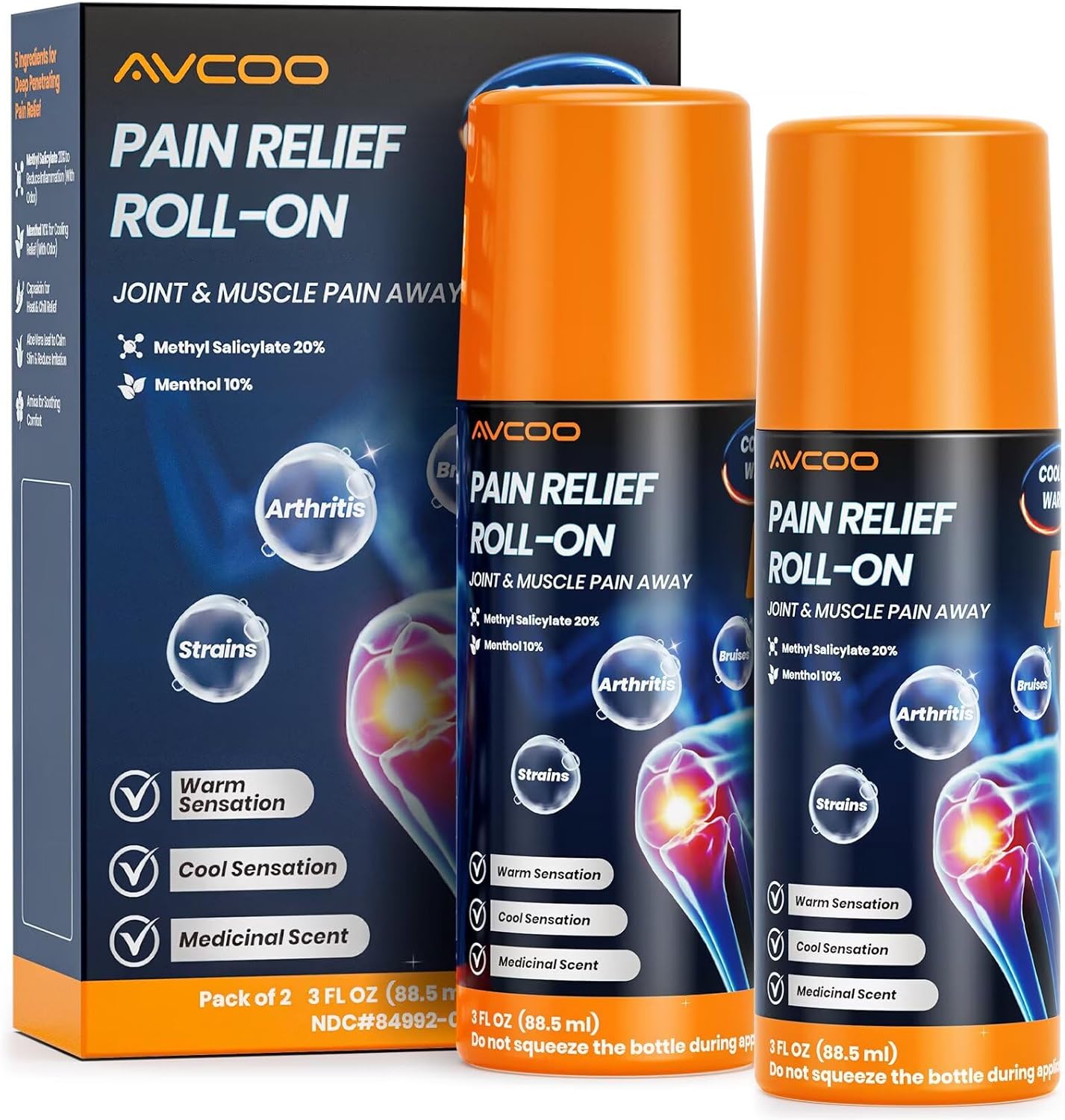 Roll-On Pain Relief with Fast-Acting Capsaicin & Menthol Formula for Powerful Relief of Arthritis, Joint, Muscle, Knee, Back Pain, No-Mess Applicator with Cool & Warm Sensations, 3 OZ, Pack of 2