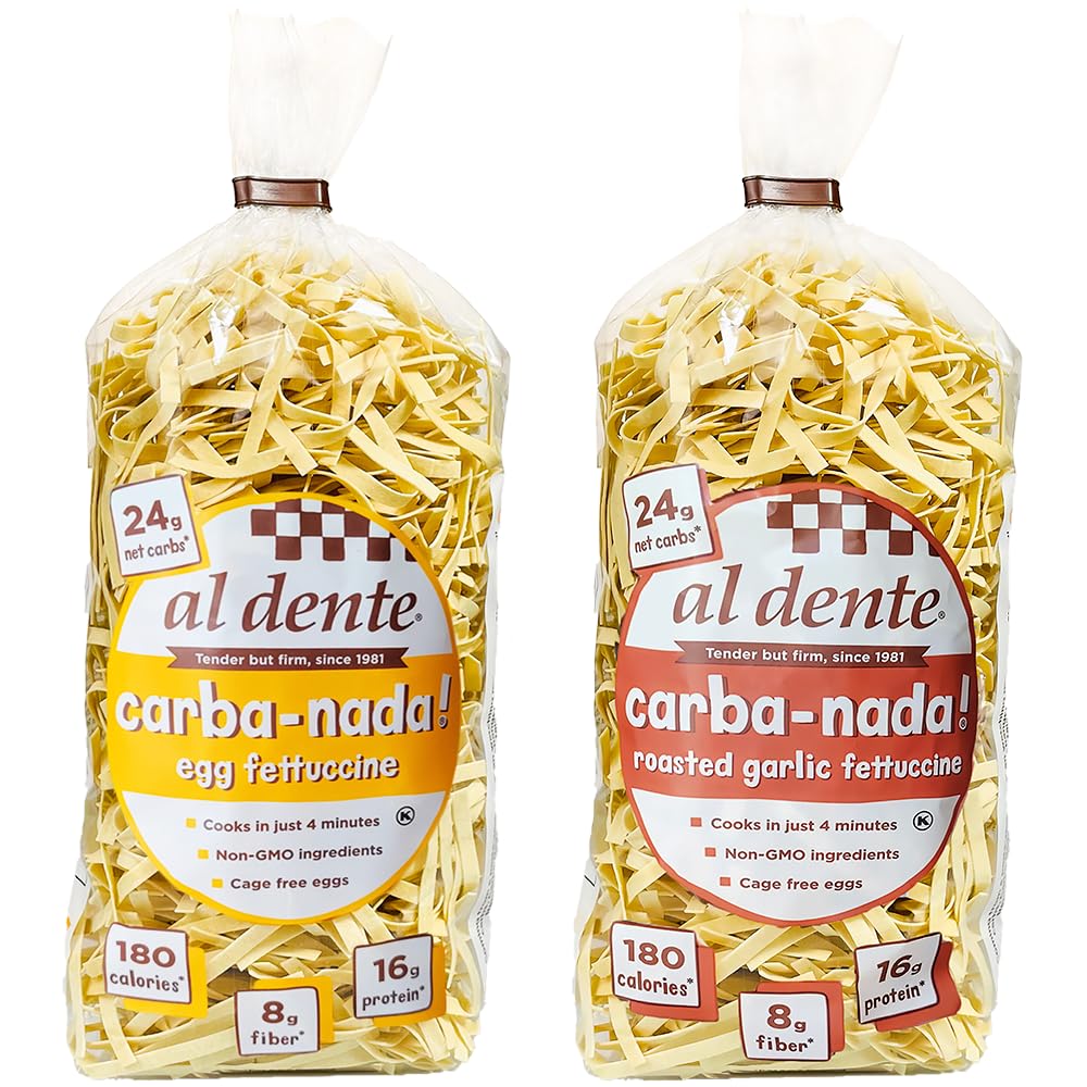 Al Dente Carba-Nada Variety Pack – Lower Carb, High Protein Pasta. Includes Egg Fettuccine & Roasted Garlic Fettuccine. Keto-Friendly, Artisanal, Non-GMO, Cage-Free Eggs, 10oz Bags (Pack of 2).