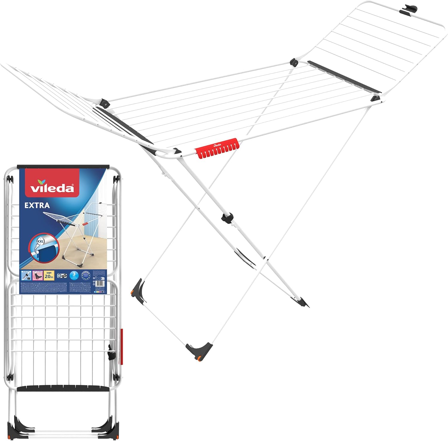 Vileda Extra X-Legs Clothes Airer, Indoor Drying Rack, 20 Metre Drying Space, Foldable Compact Clothes Dryer, Thick Wires for Fewer Creases, Wheels to Easily Manoeuvre