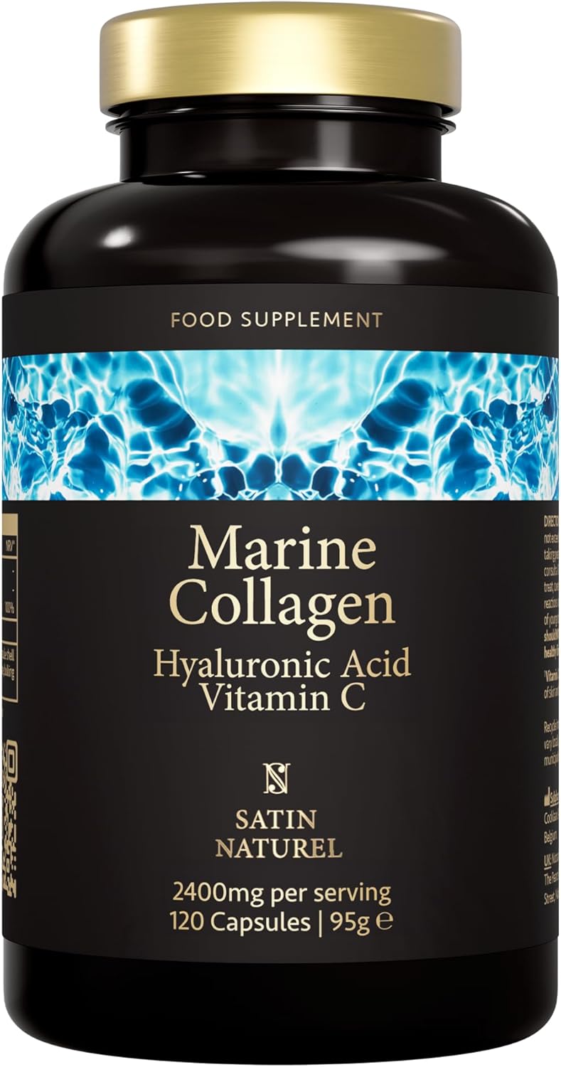 Satin Naturel Marine Collagen Capsules 2400mg – High Strength Hydrolysed Fish Collagen with Hyaluronic Acid & Vitamin C – 120 Collagen Supplements for Women – Skin, Hair & Joints Support