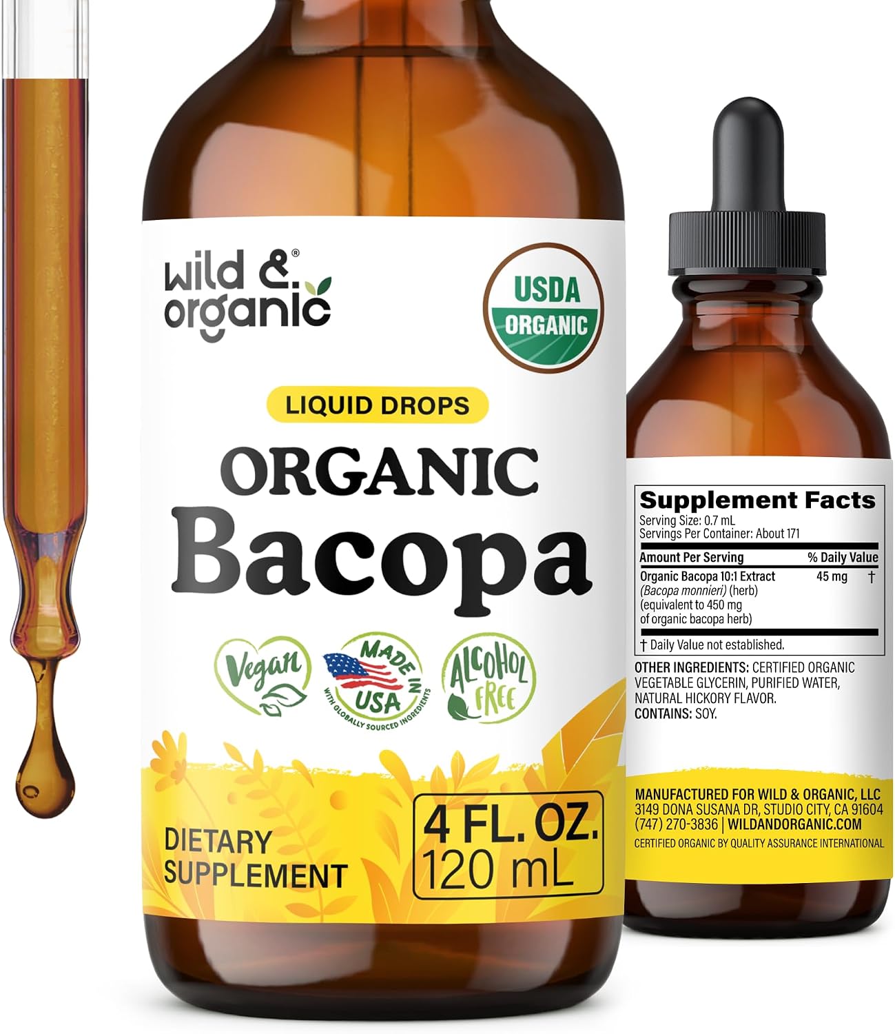 USDA Organic Bacopa Monnieri Supplement - Brain & Focus Support - 4 fl oz