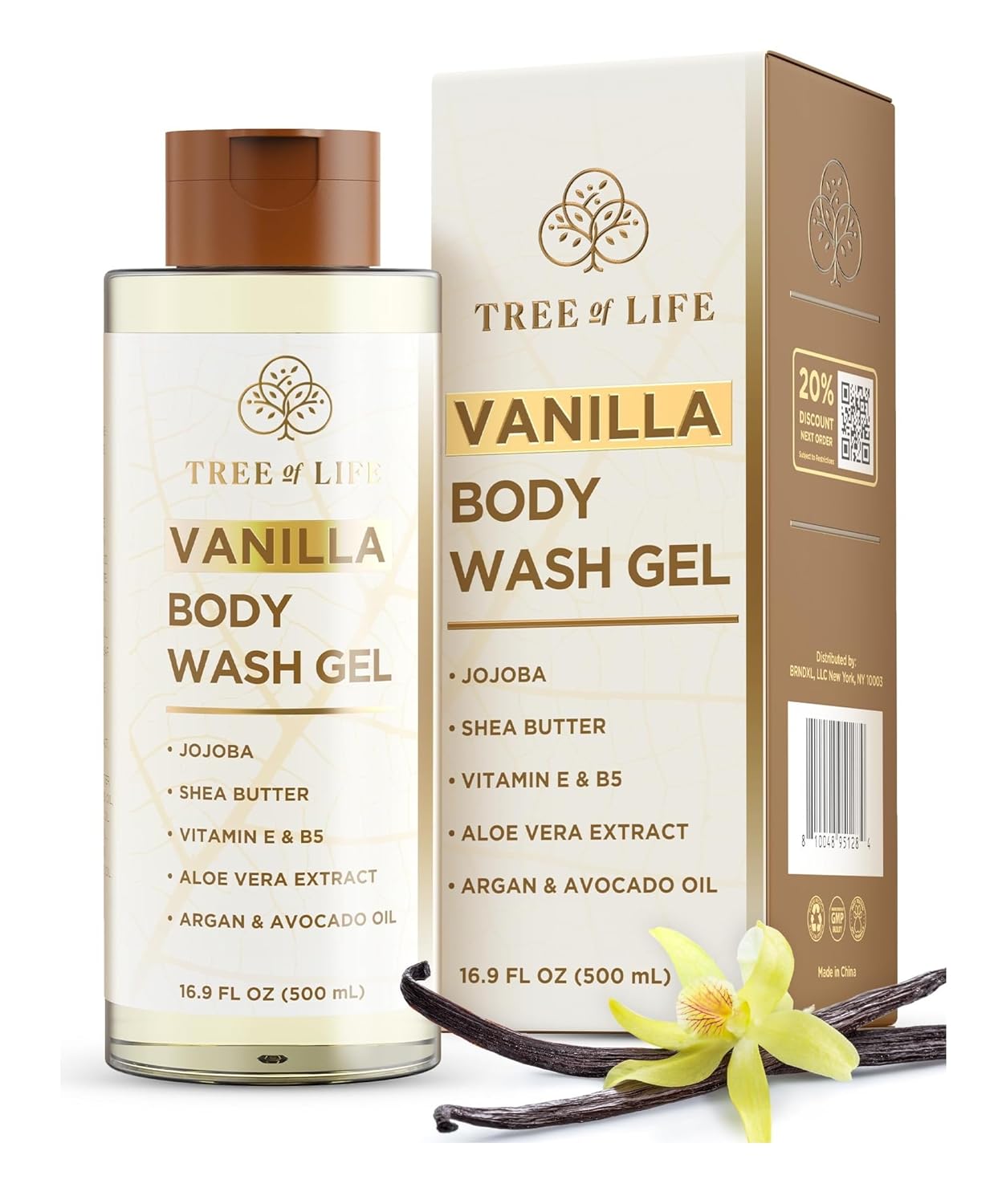Tree of Life Vanilla Body Wash Gel - Moisturizing Shower Gel with Jojoba Oil and Shea Butter Hydrating Body Wash for Sensitive Skin and All Skin Types, 16.9 fl oz