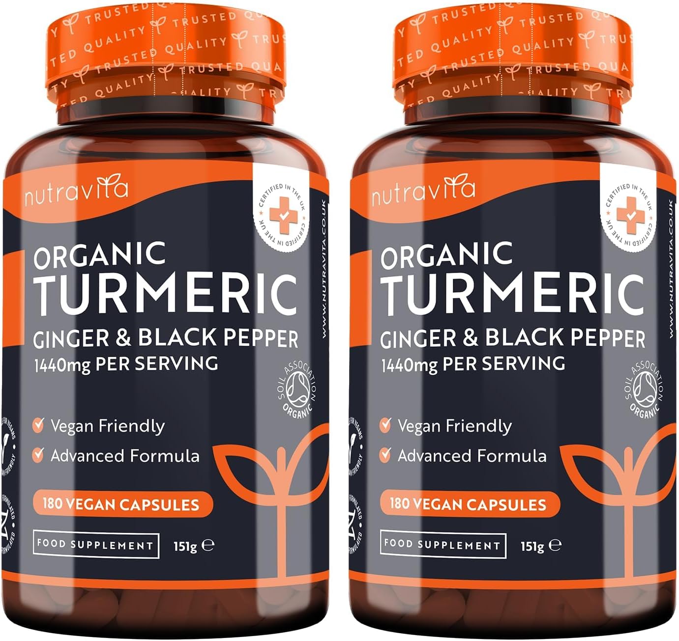 Organic Turmeric 1440mg with Black Pepper & Ginger (2 Packs of 180)- 360 Vegan Turmeric Capsules (6 Month Supply) – High Strength Organic Turmeric with Active Ingredient Curcumin - UK Made - Nutravita