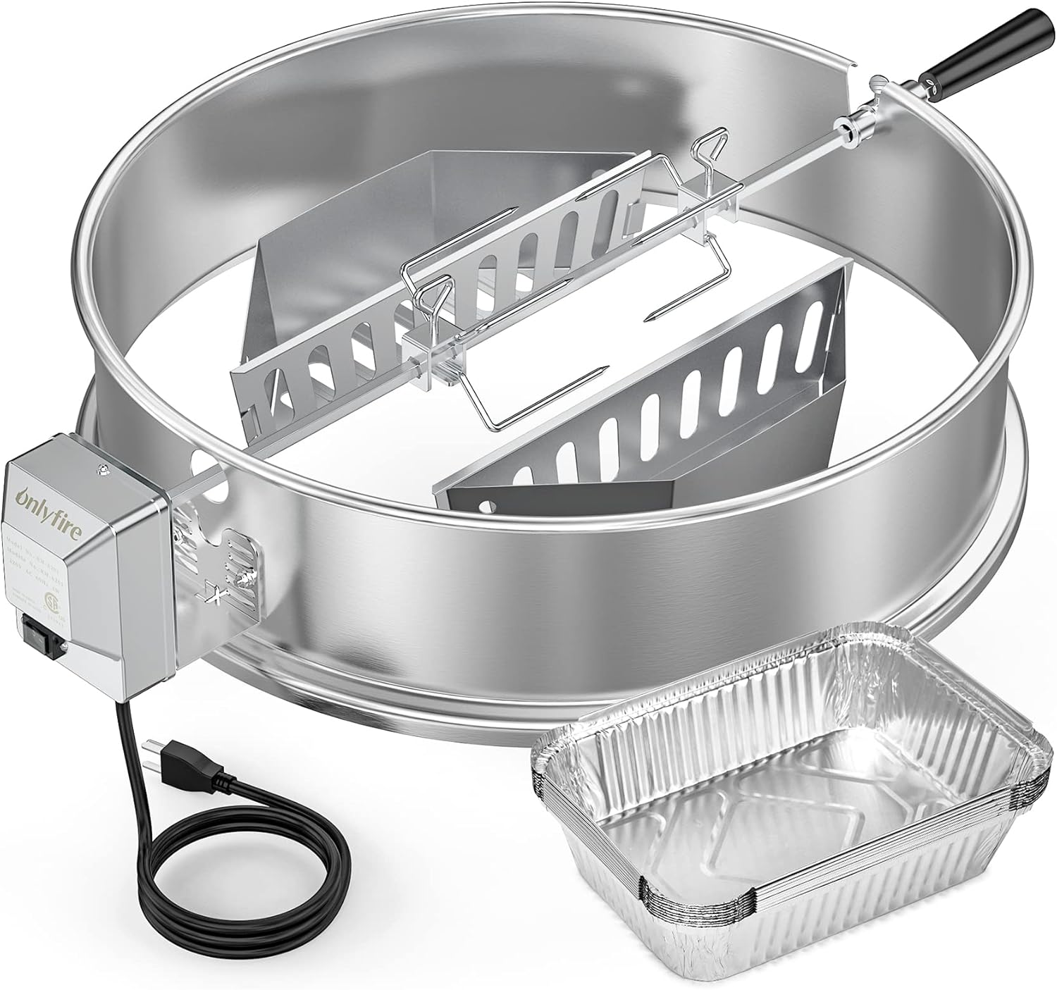 onlyfire Upgrade Stainless Steel Rotisserie Ring Kit for Weber 22-inch Kettle Charcoal Grills, Comes with Charcoal Baskets and 10 Pack Drip Pans