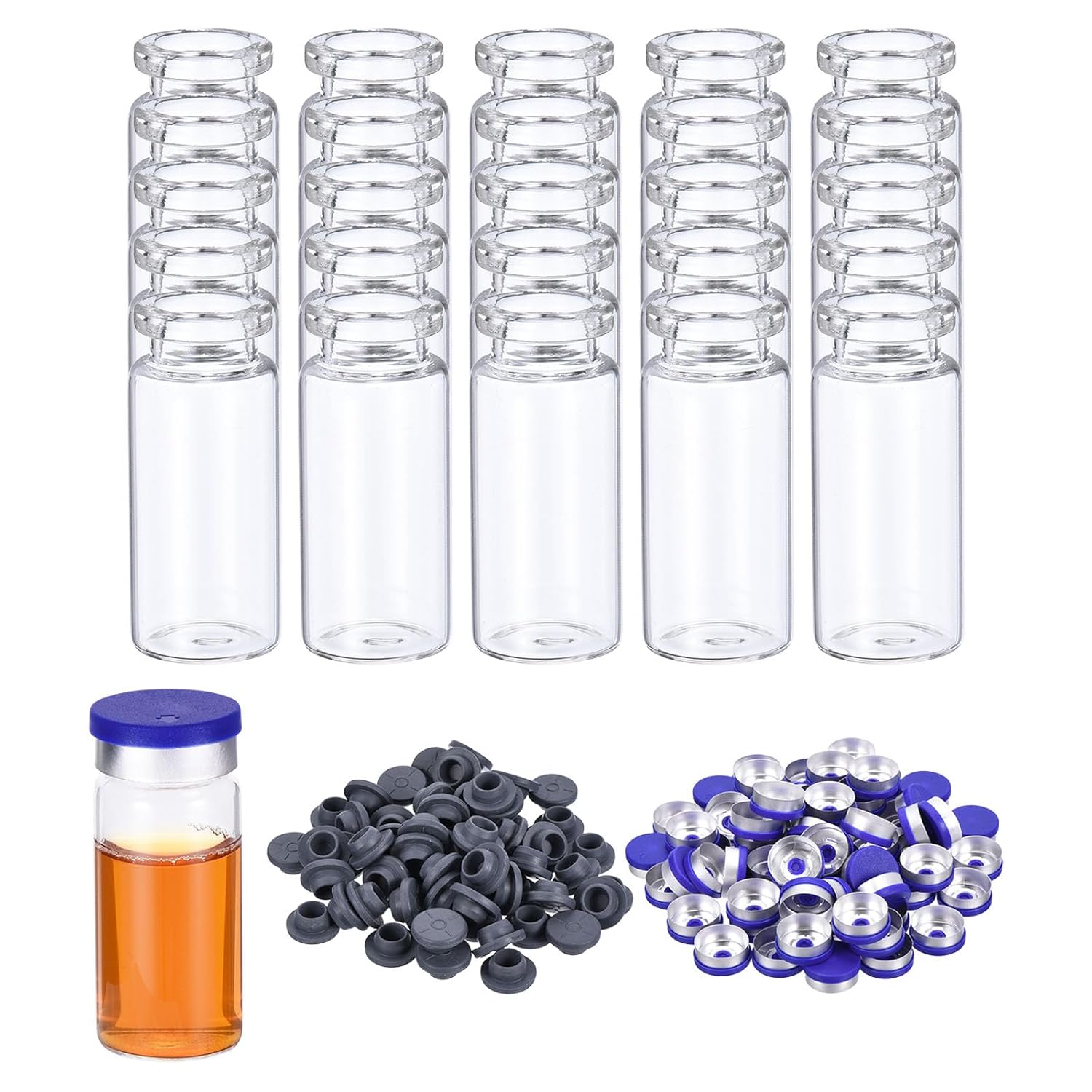 PATIKIL 10ml Glass Vials, 200pcs Glass Vial Small Glass Vials Empty Sample Bottle Mini Clear with Caps Seal Rubber Stopper Injection Port for Lab Injection Plants Essential Oil Transparent
