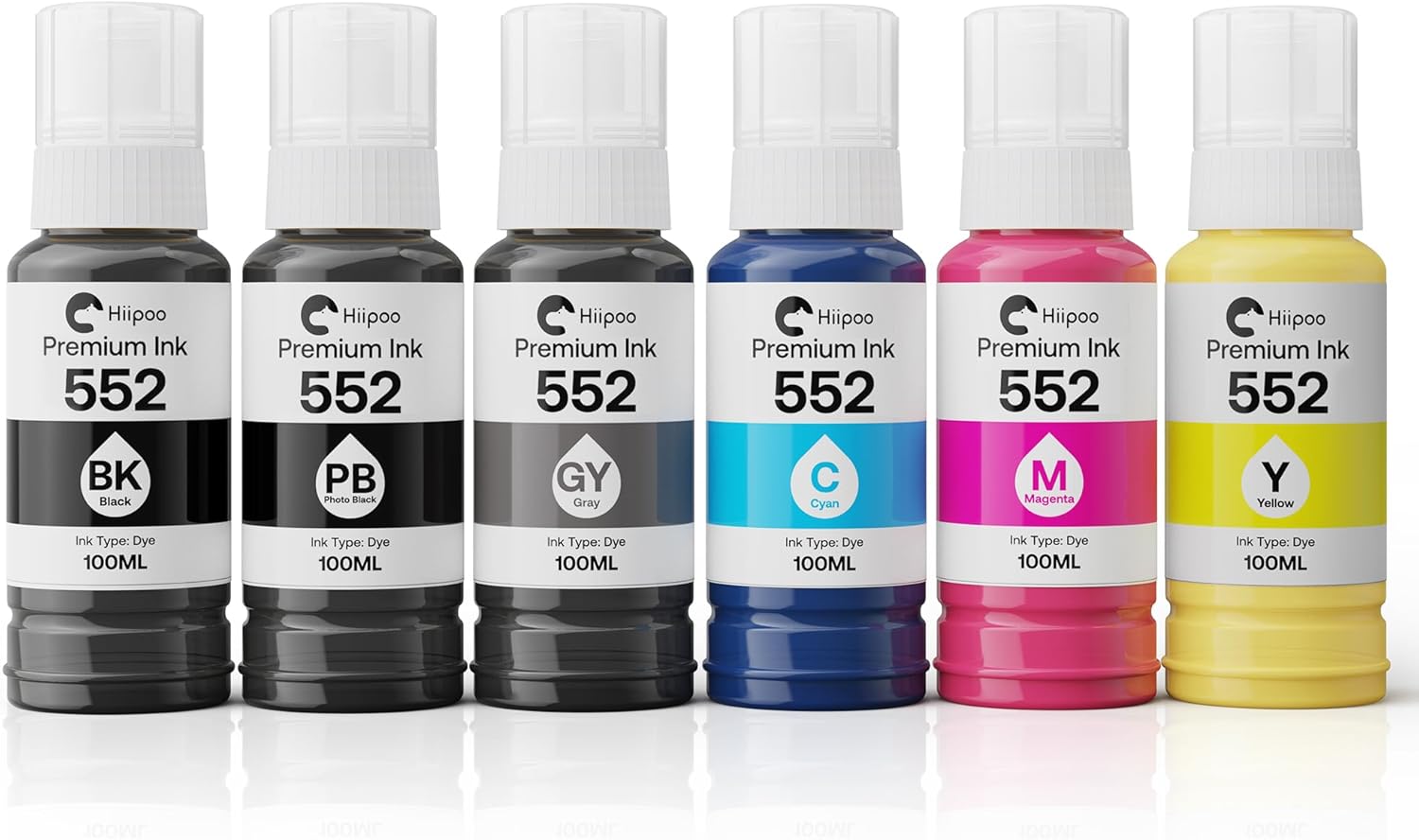 Hiipoo 552 Ink Bottles 6 Pack ET-8550 ET-8500 Replacement for 552 Ink Refill Bottle Work for Photo ET 8550 ET8500 Photo ET-8500, ET-8550 Printer (BK PB C M Y GY)