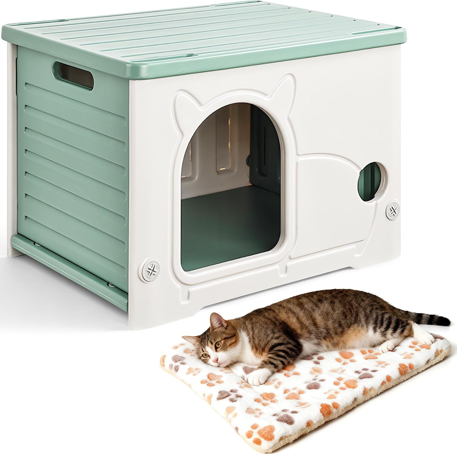 Outdoor Cat House Waterproof, Stackable Feral Cat Shelter for Outdoor Green