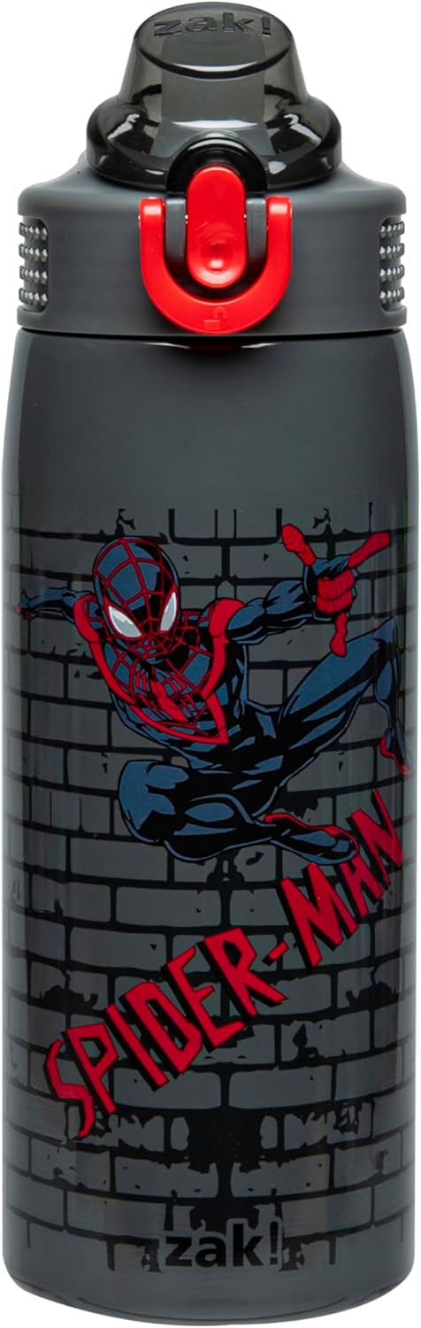 Zak Designs Marvel Spider-Man Sage Kids Water Bottle For School or Travel, 19oz Stainless Steel Water Bottle With Straw, Handle, and Leak-Proof, Pop-Up Spout Cover (Miles Morales)