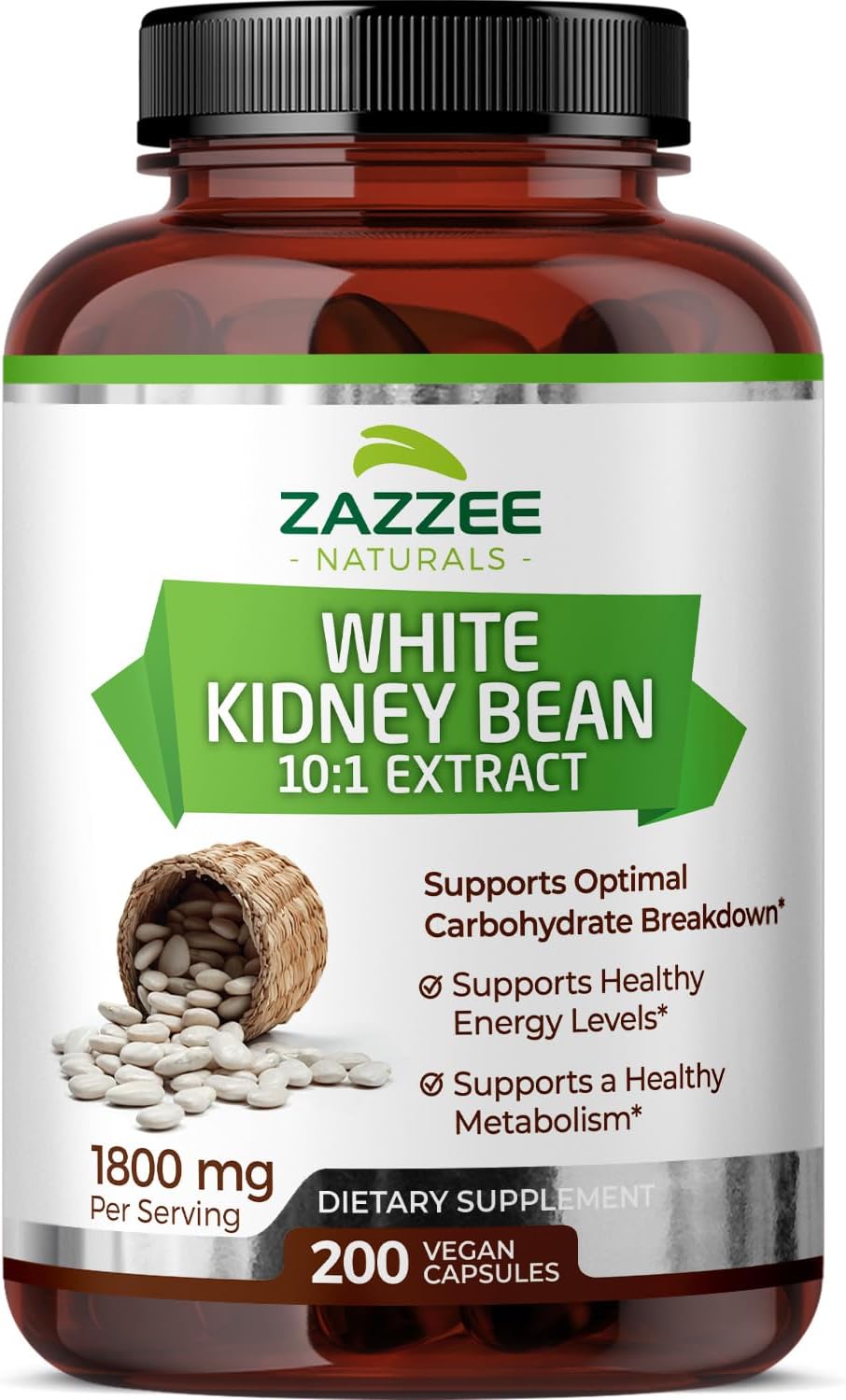 Zazzee White Kidney Bean 10:1 Extract, 1800 mg per Serving, 200 Vegan Capsules, Over 2 Month Supply, Standardized, Concentrated 10X Extract, 100% Vegetarian, All-Natural and Non-GMO, Made in The USA