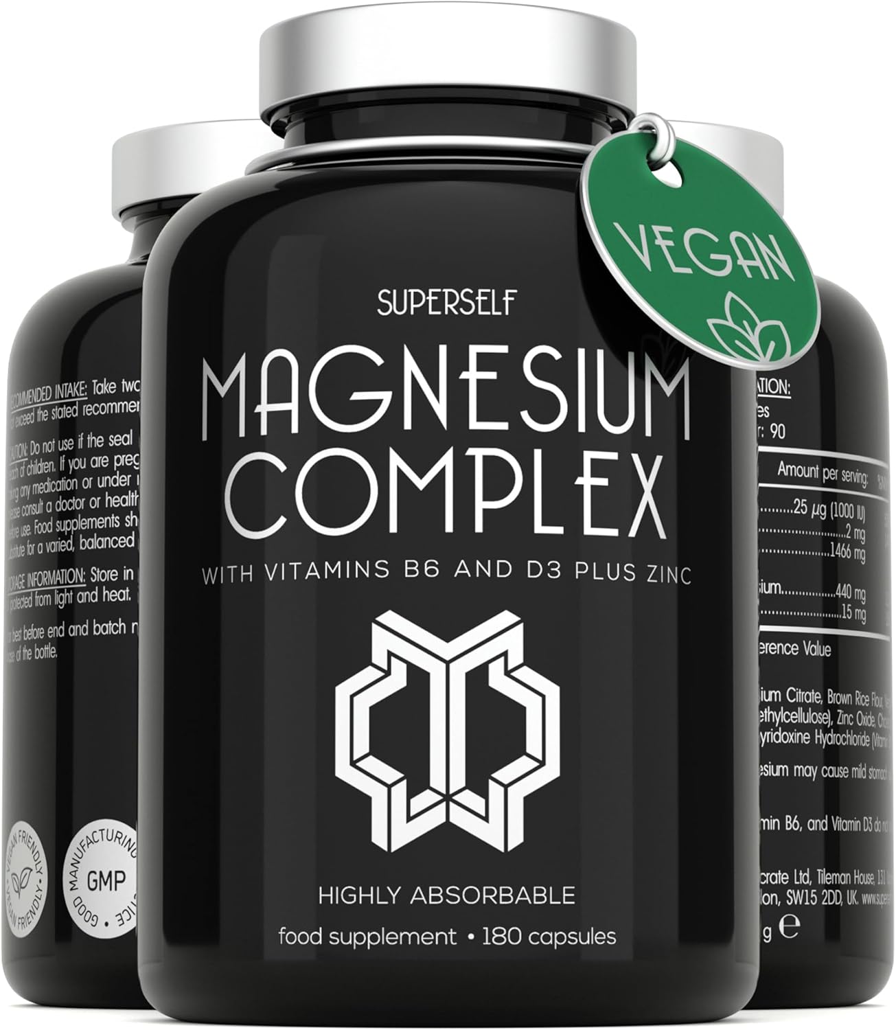 Magnesium Citrate Supplement with Zinc, Vitamin B6 and D3 - High Strength 180 Capsules - 1466mg Magnesium Supplements for Women & Men - Magnesium Complex Tablets Providing 440mg Elemental Magnesium
